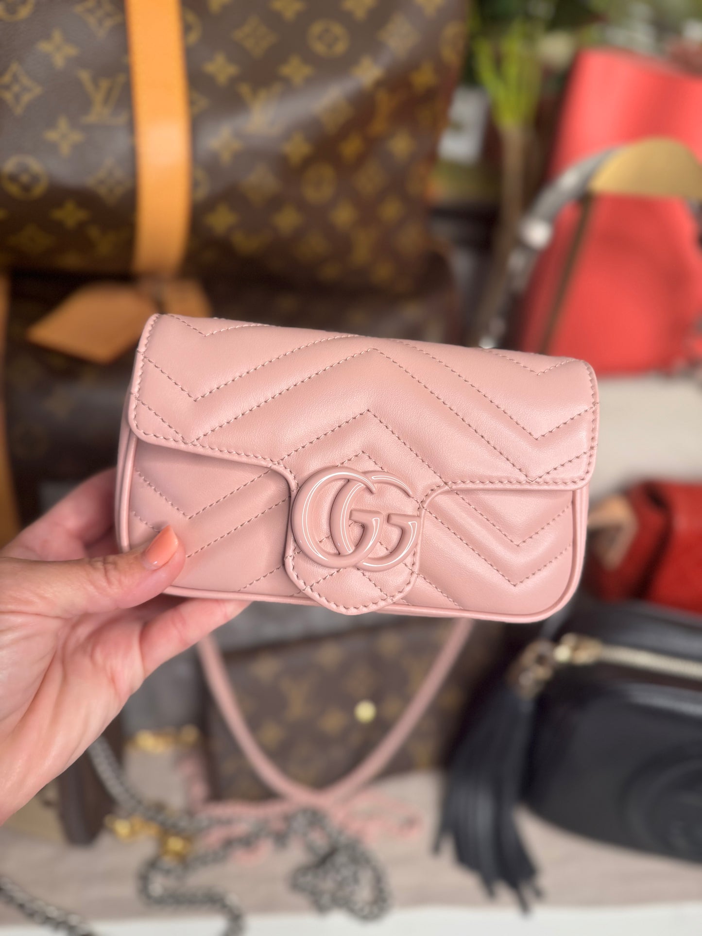 Pink Gucci GG marmont leather mini shoulder bag with chain new!