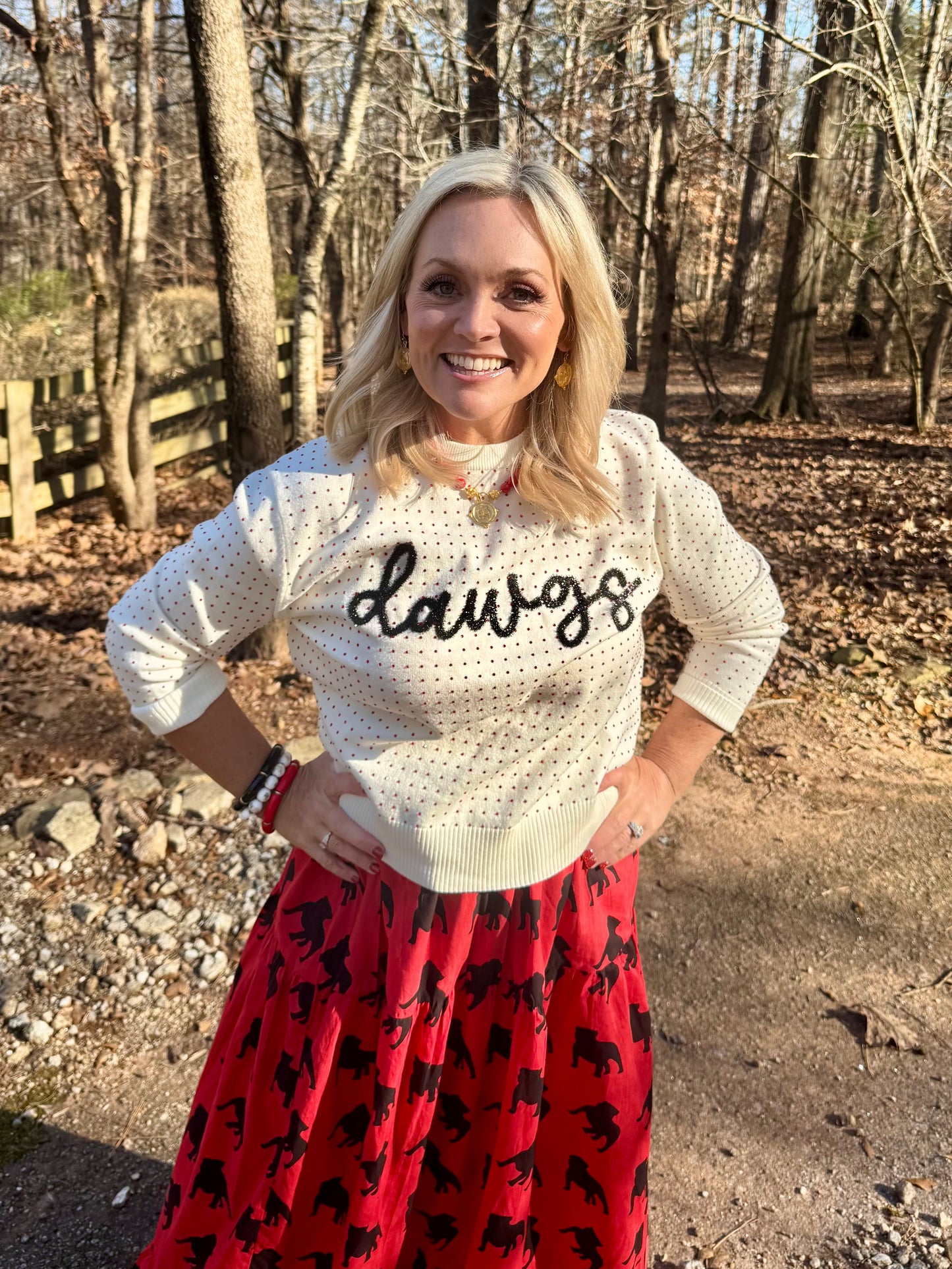 The Dawgs rhinestone and glitter script sweater licensed marked down