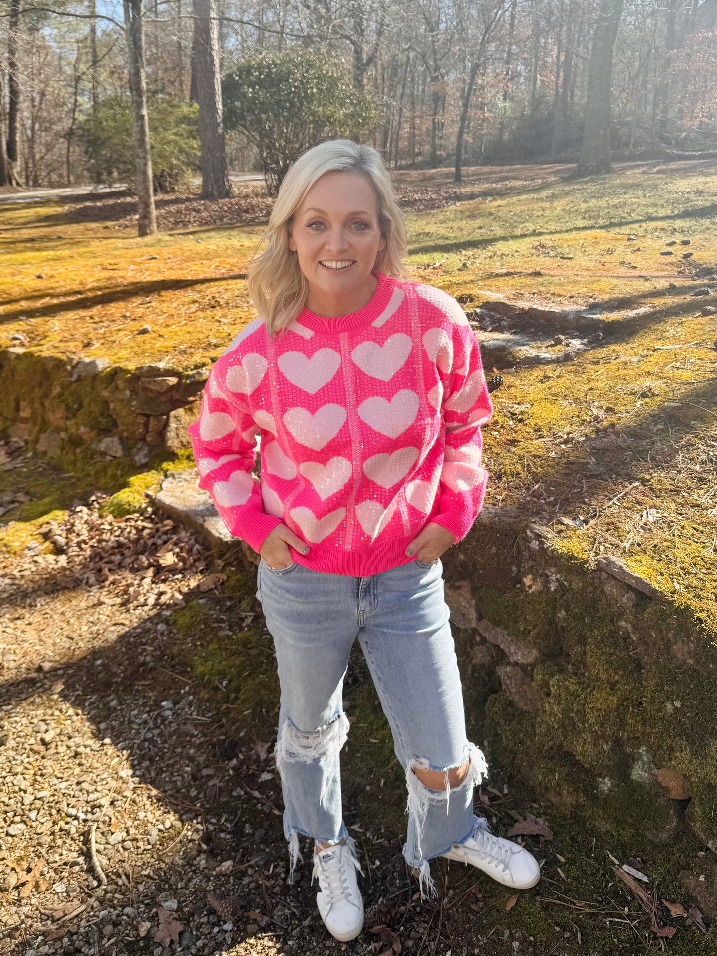 Pink sequin heart sweater warehouse clearance sale marked down