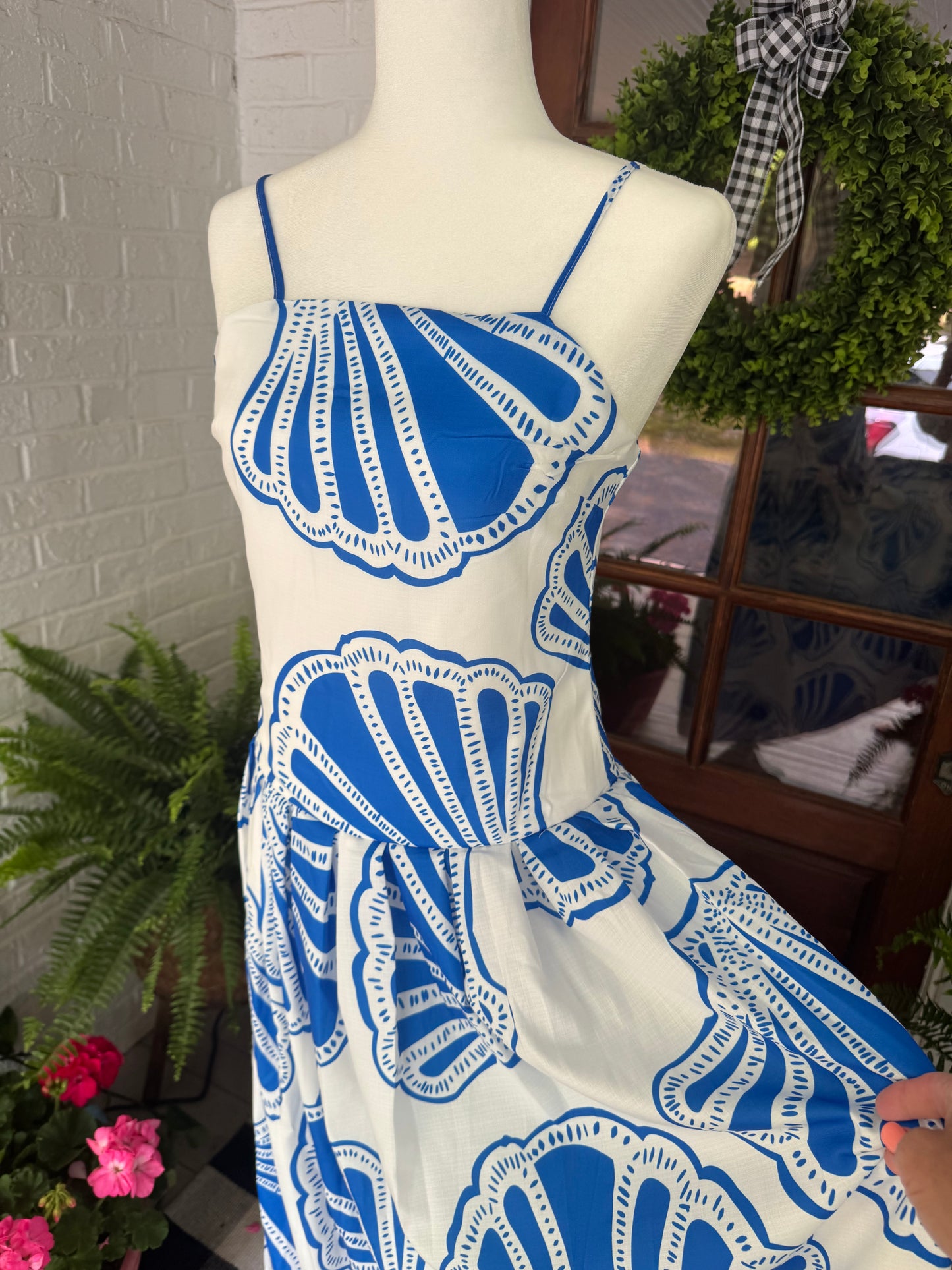 Summer long maxi dress blue and white shell marked down