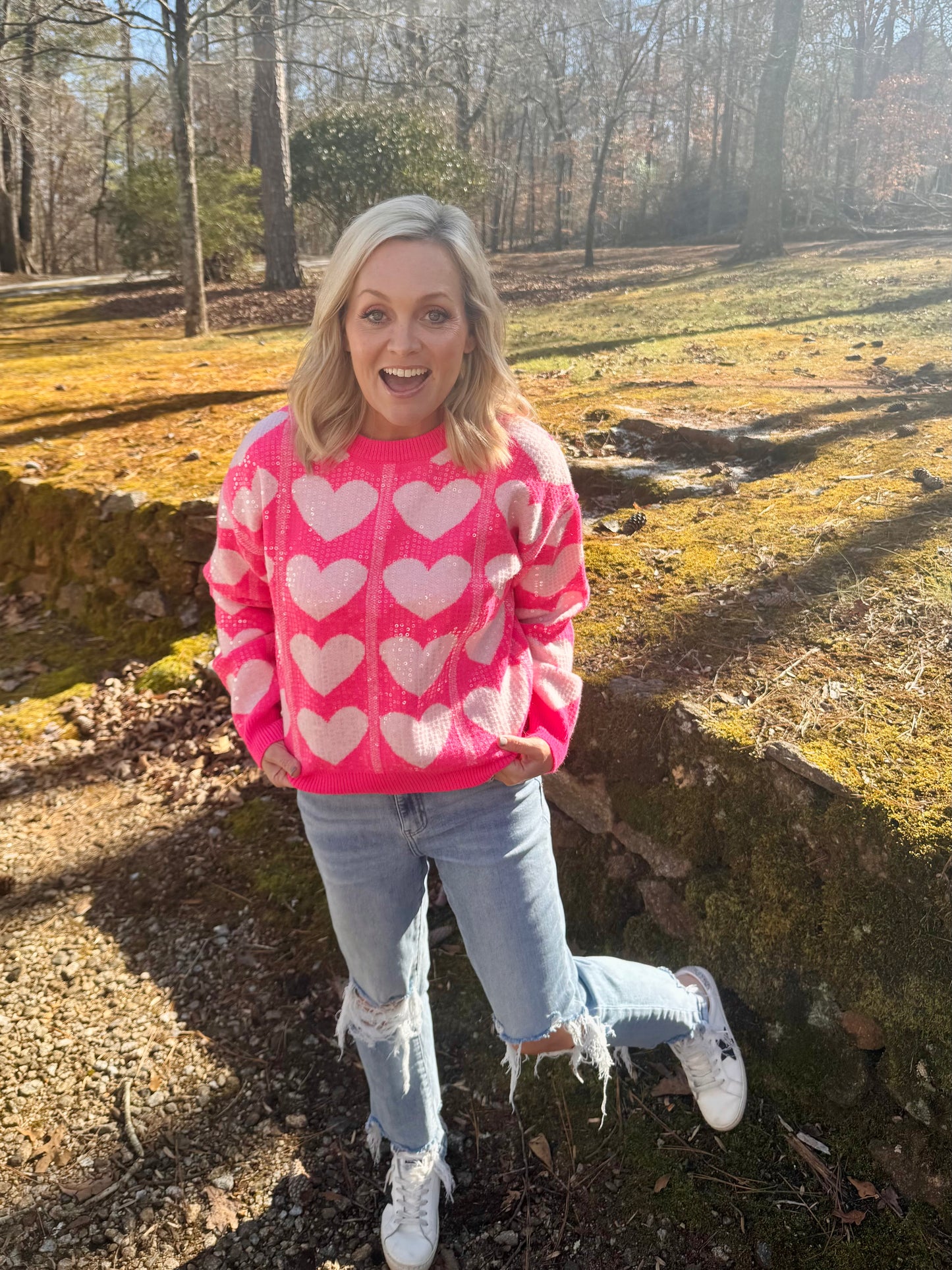 Pink sequin heart sweater warehouse clearance sale marked down