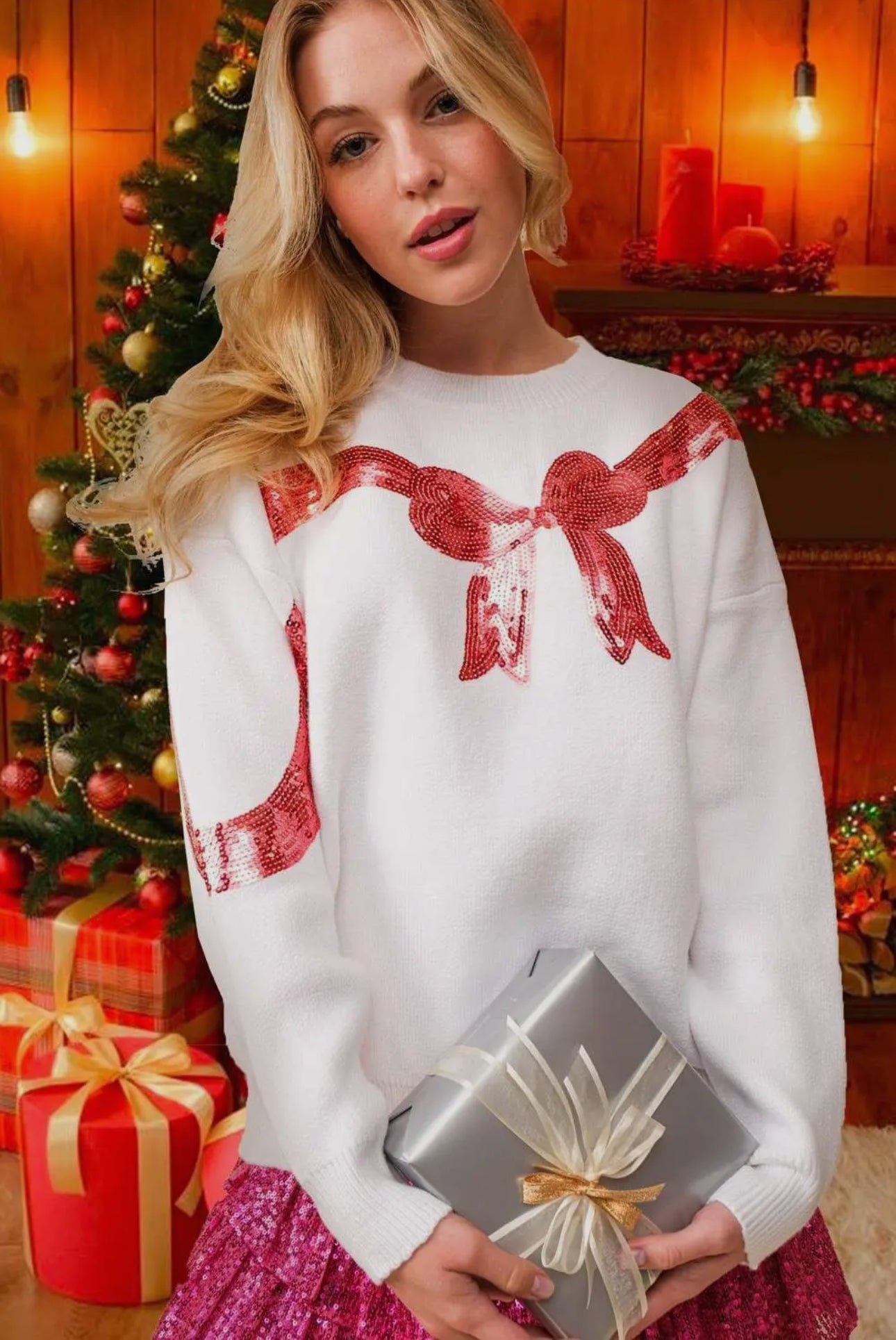 Marked down White sweater red sequin bow Christmas up to size 3X!