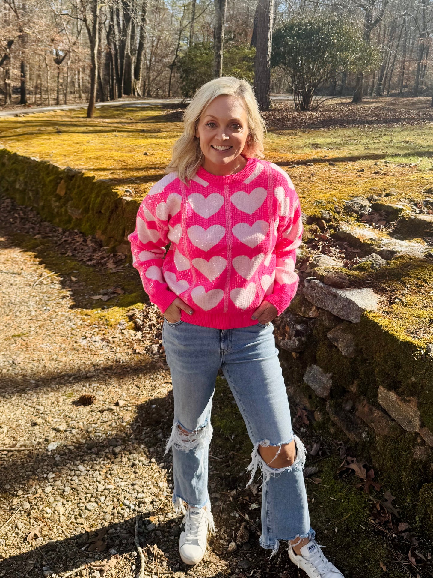 Pink sequin heart sweater warehouse clearance sale marked down