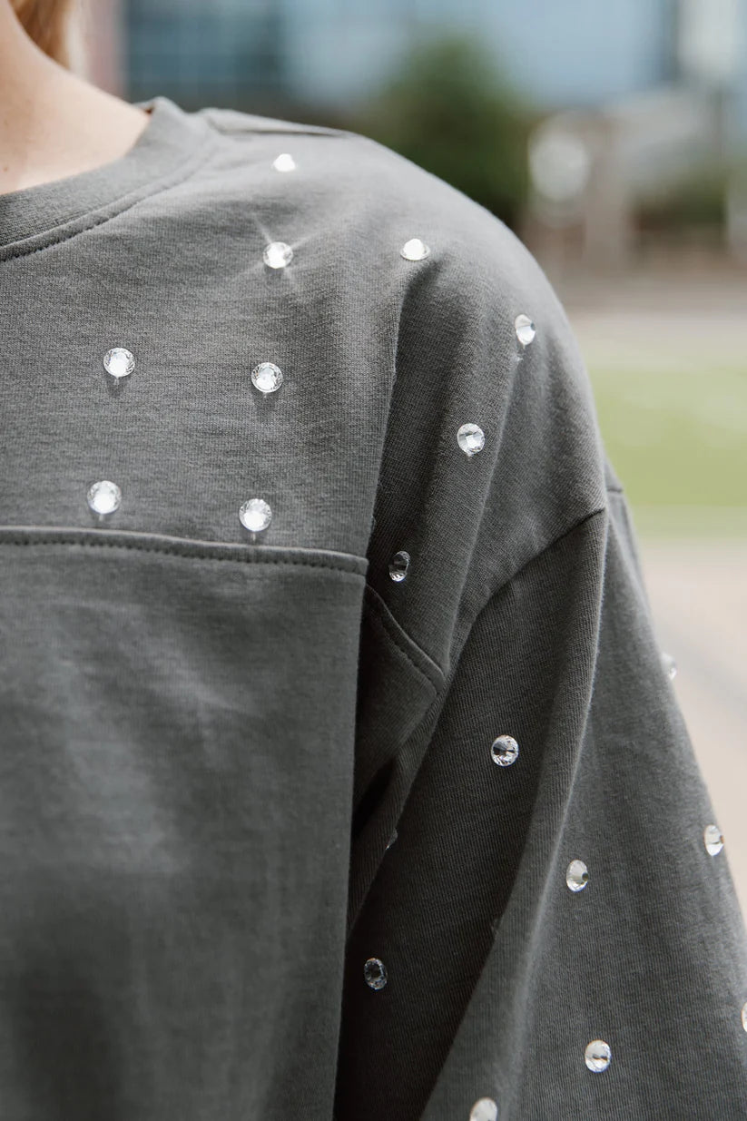 Cropped charcoal gray licensed bulldog top with rhinestones