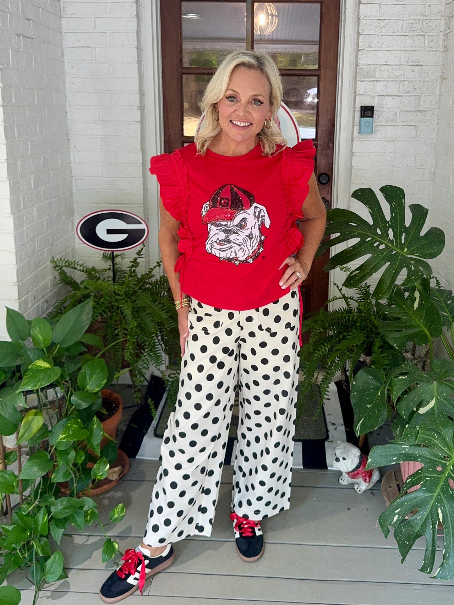 Ruffle Red top licensed with bulldog