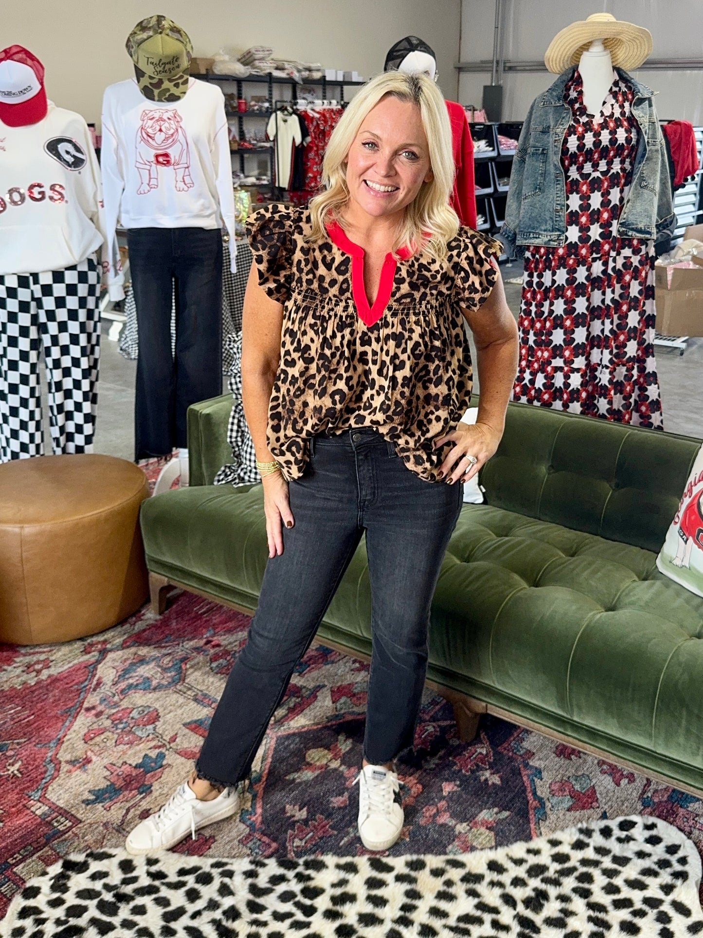 Leopard flowy top with red trim up to 3XL