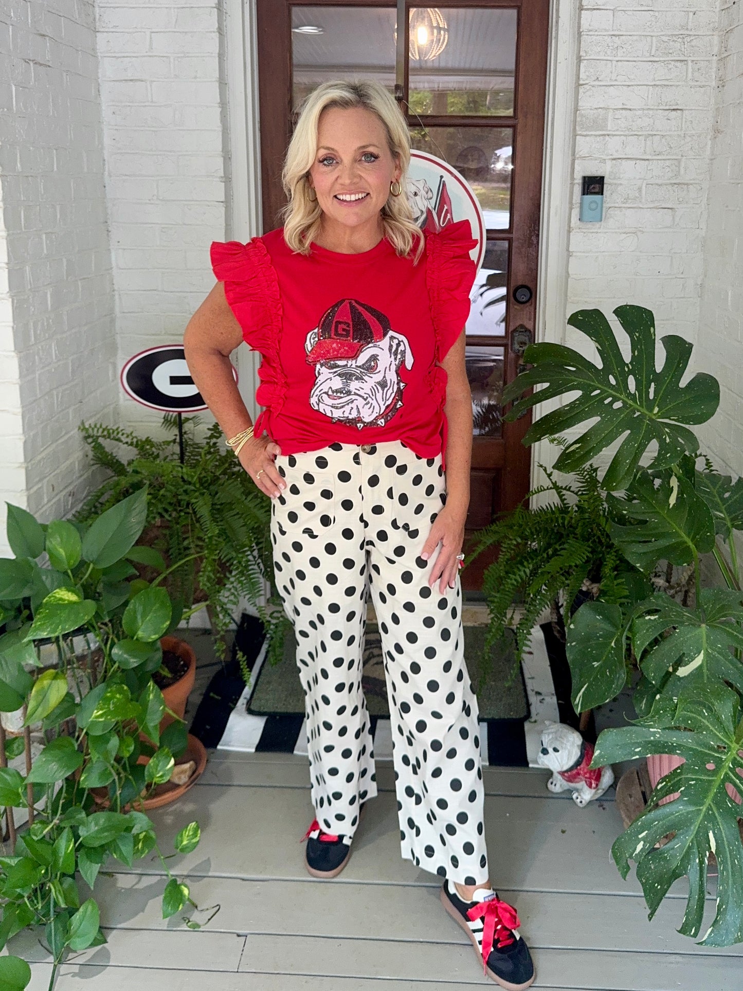 Ruffle Red top licensed with bulldog