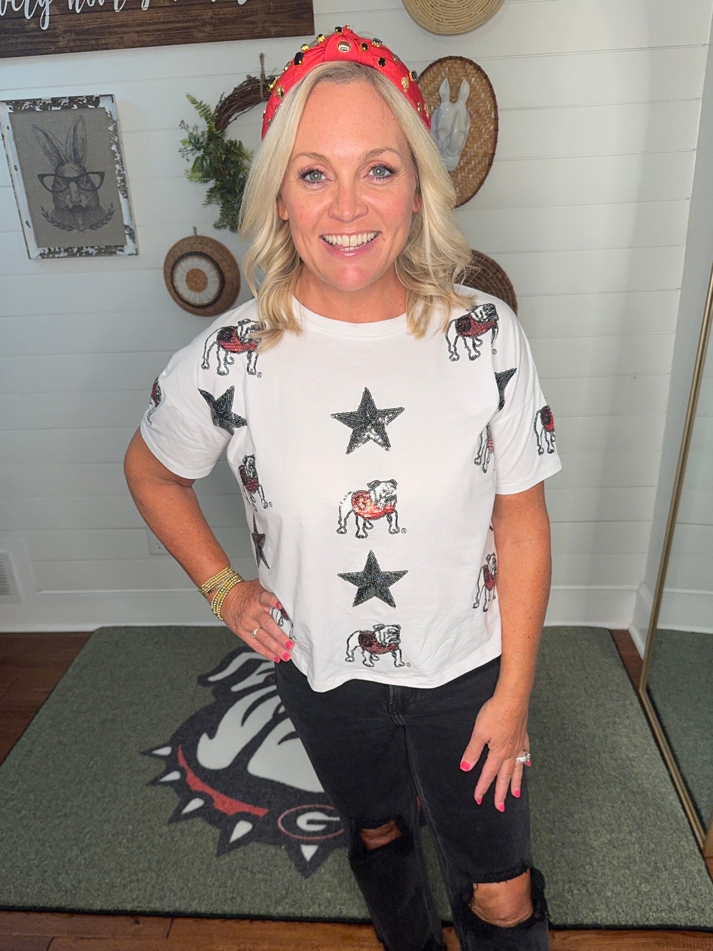 New White boxy tee with all over sequin bulldog licensed