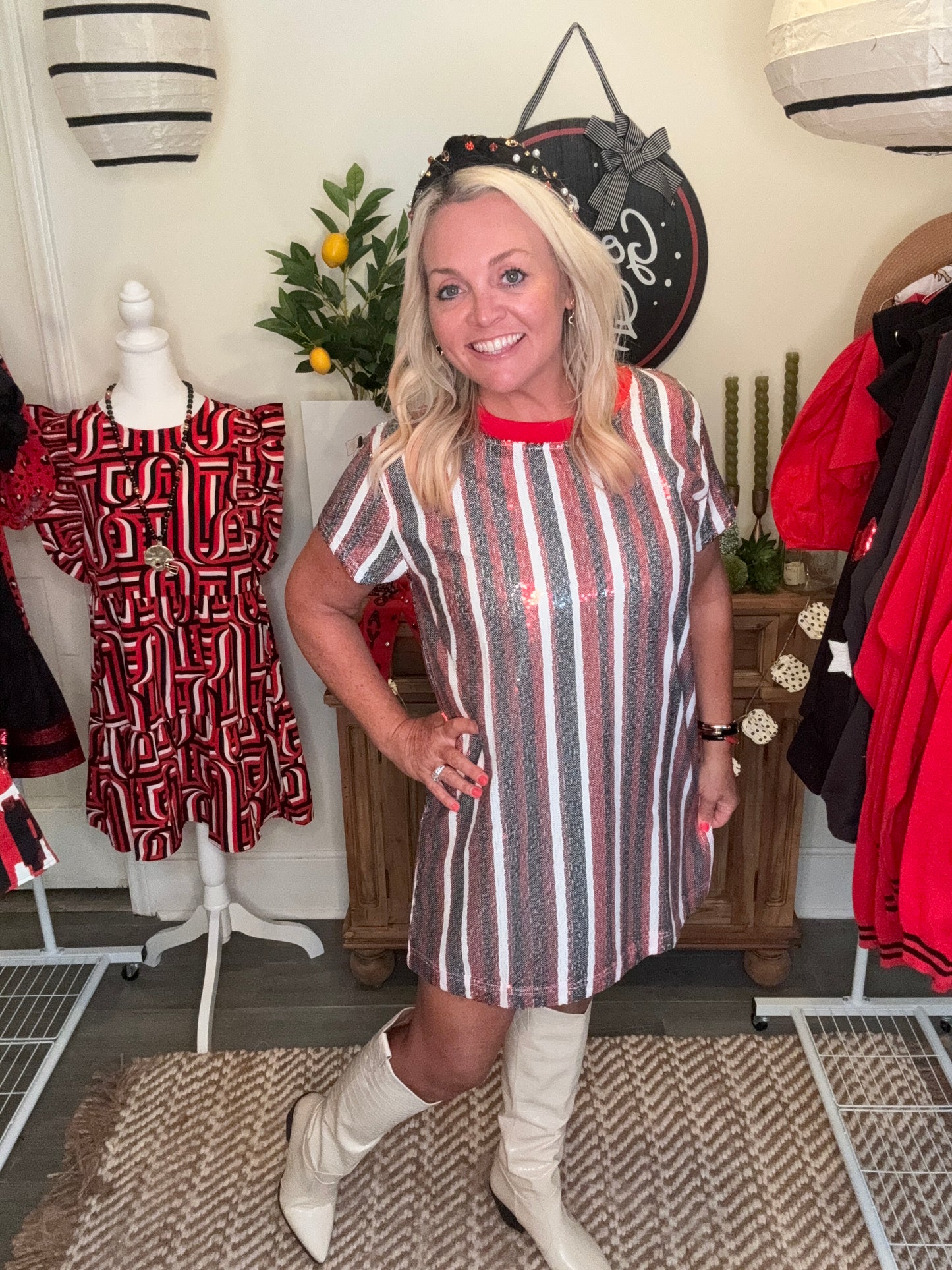 Sequin dress black and red stripe virtual marked way down
