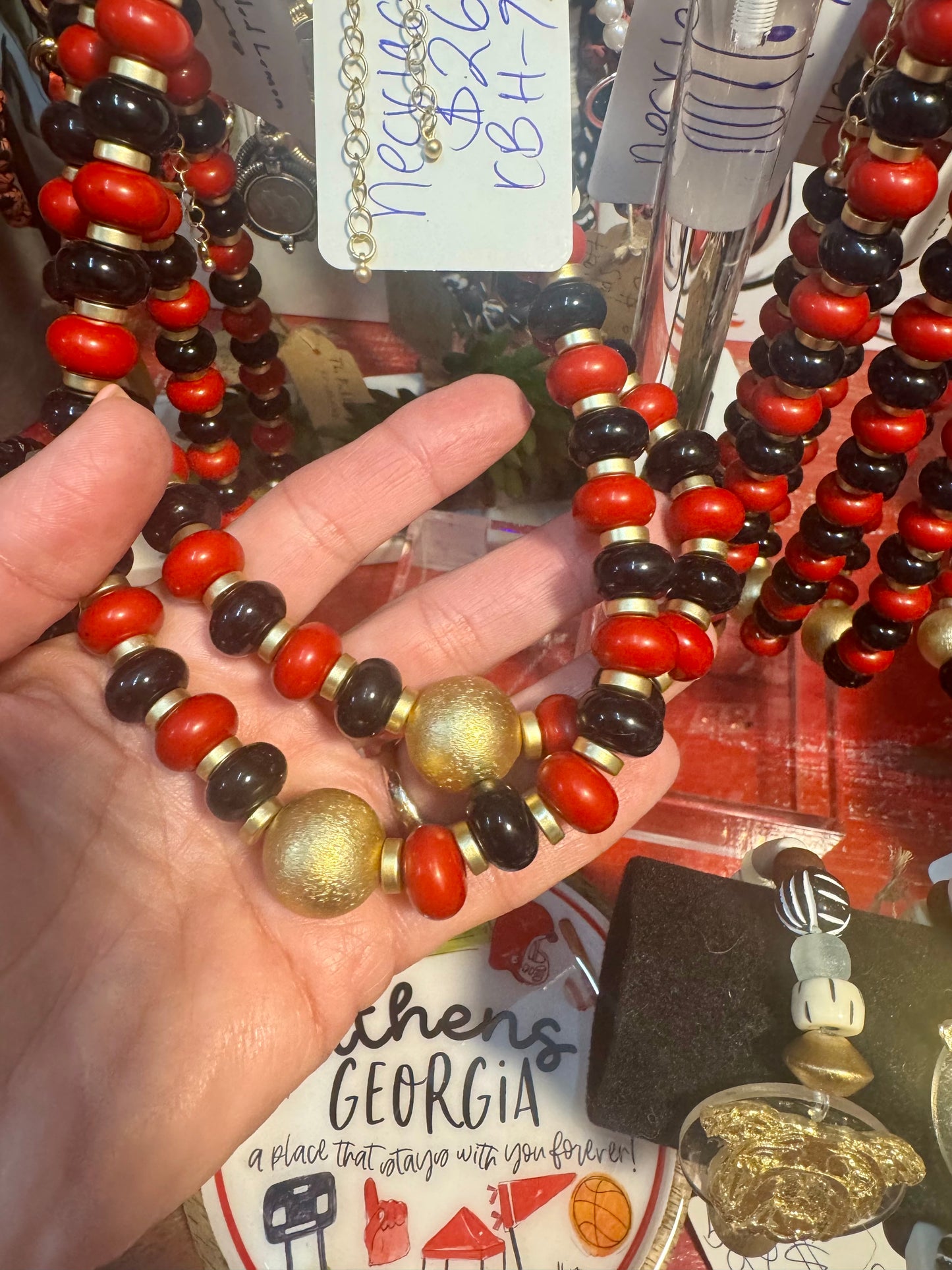 Beaded red black and gold necklace