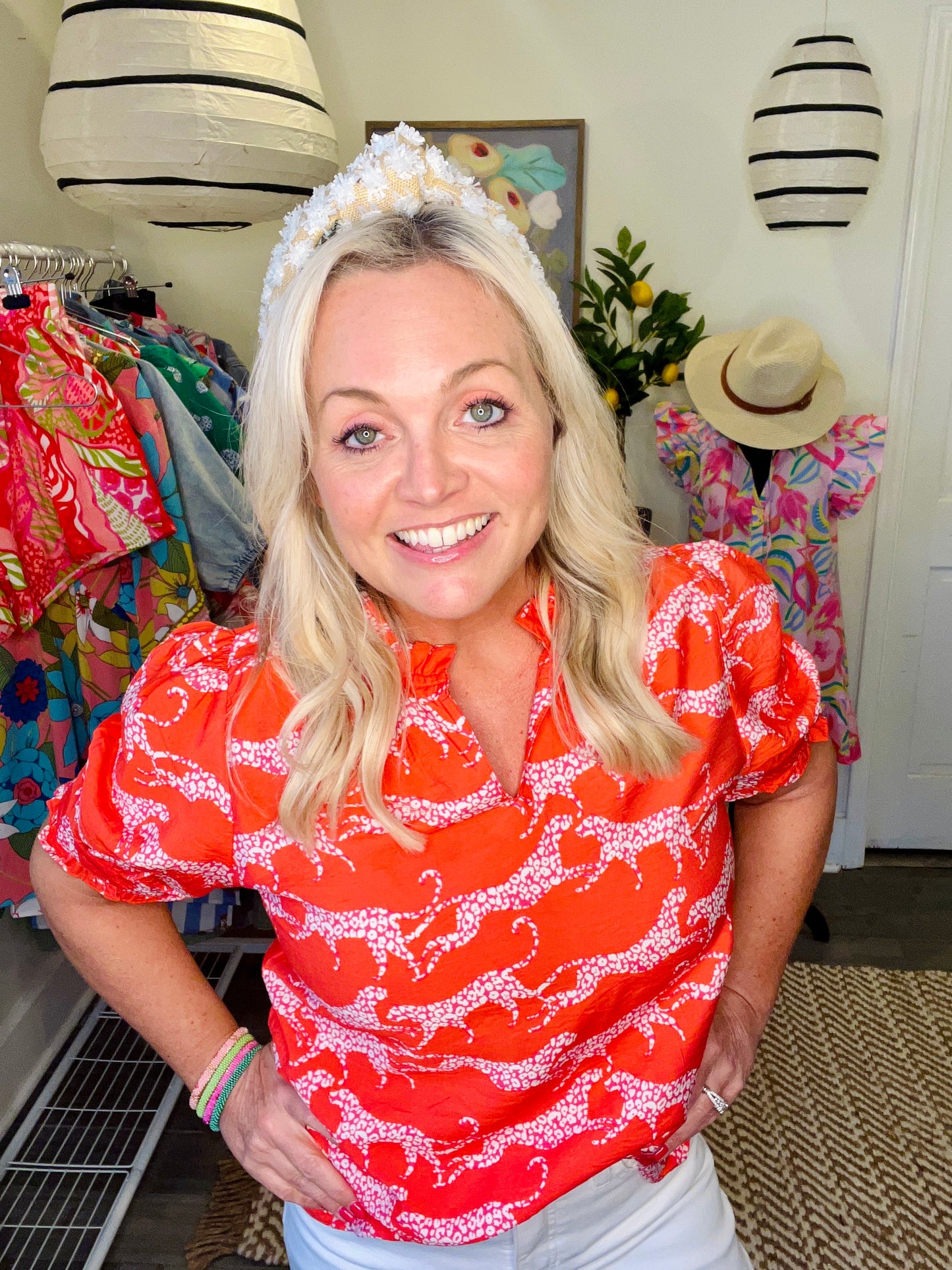 Spring summer panther leopard coral orange spot blouse virtual warehouse sale