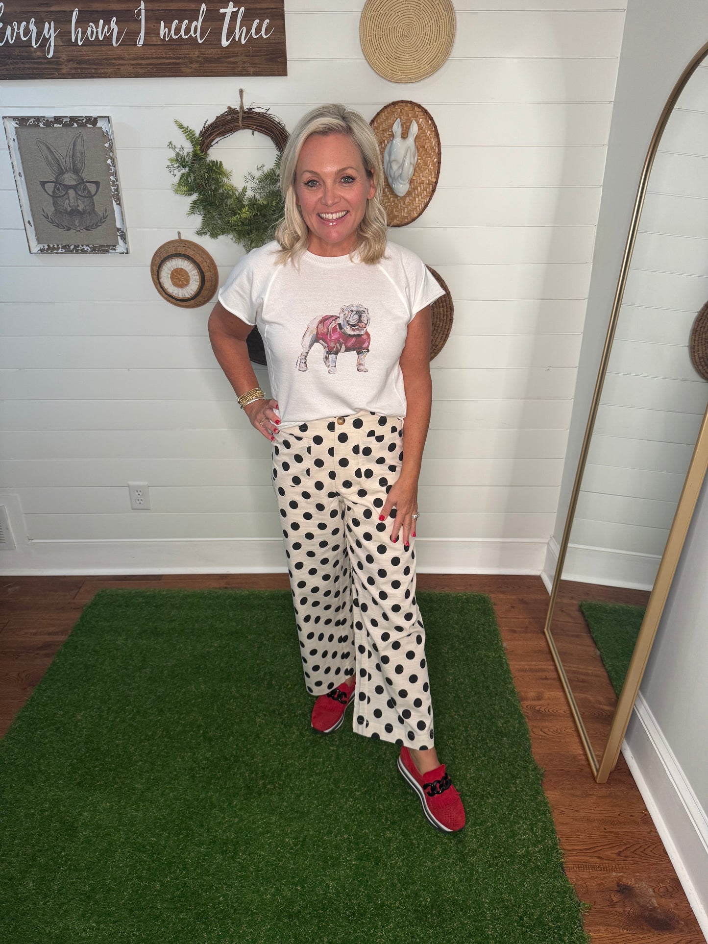 Off white and black polka dot wide leg pants