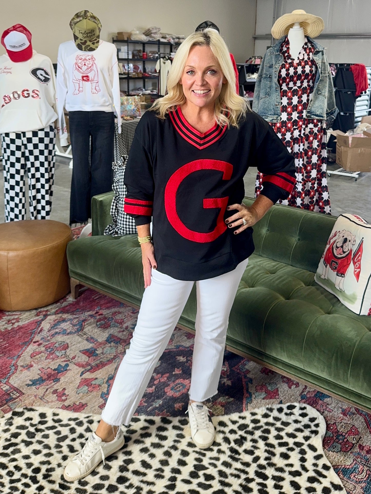 Black pullover with Giant red fuzzy G