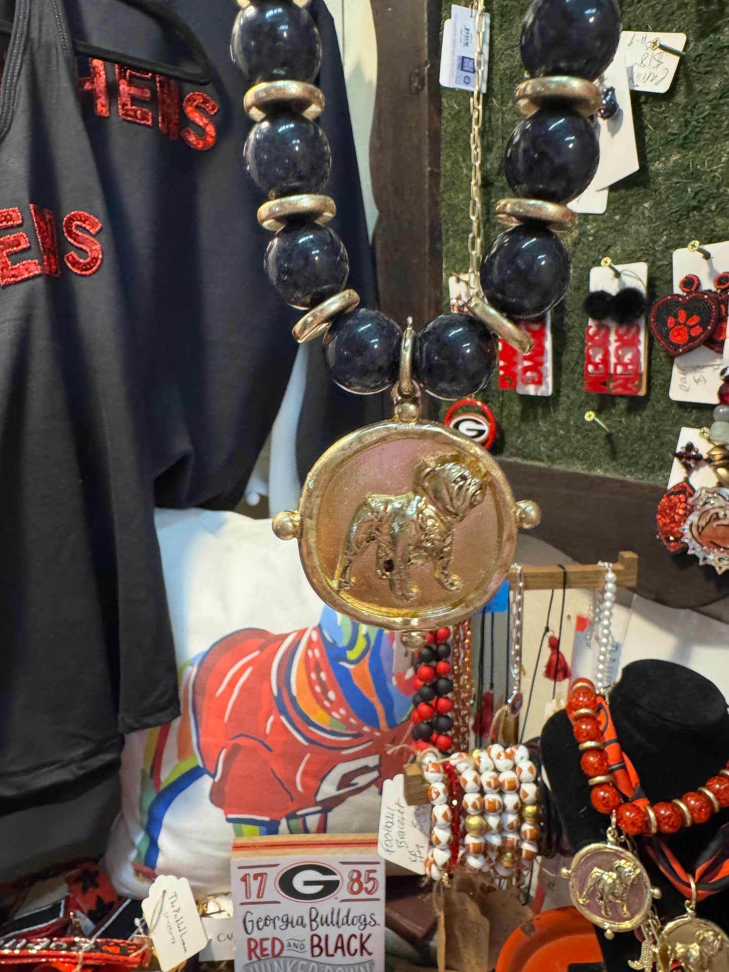 Black or red beaded necklace with gold metal bulldog medalion