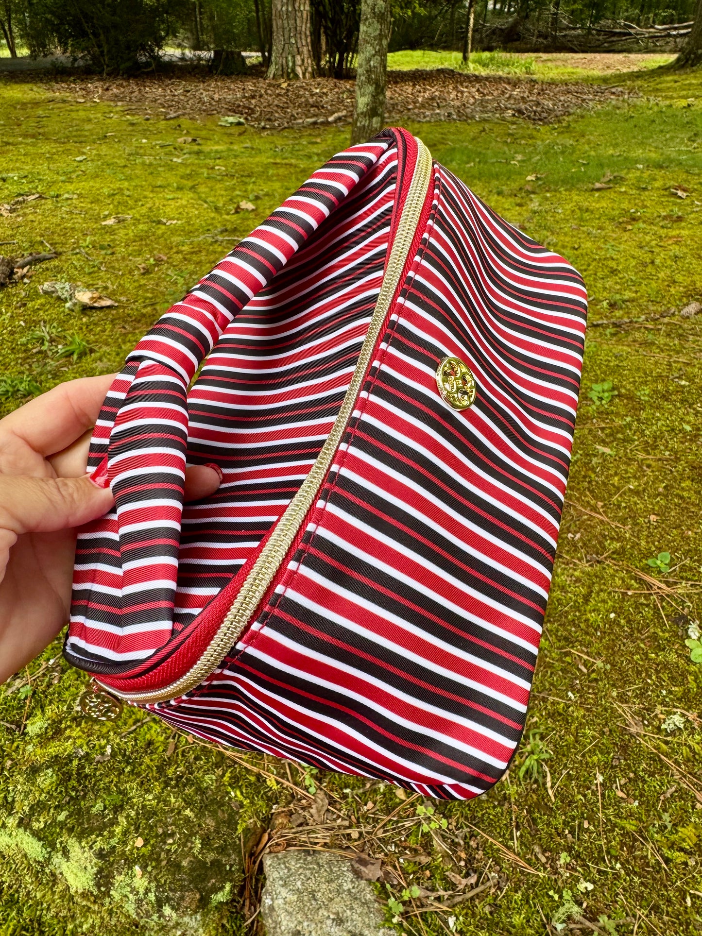 Red and black stripe cosmetic bag with bow handle!
