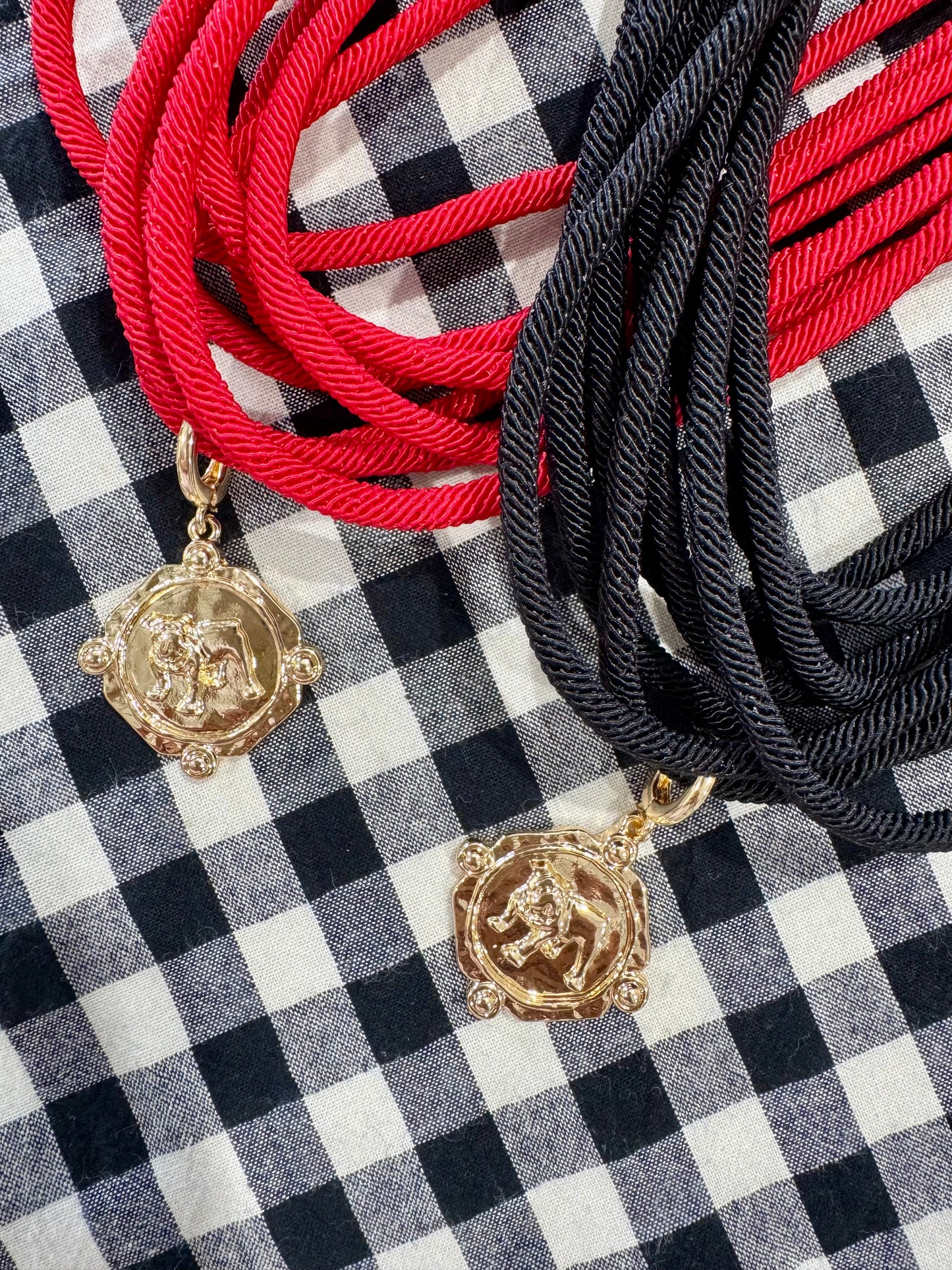 Black or red rope necklace with bulldog medallion charm