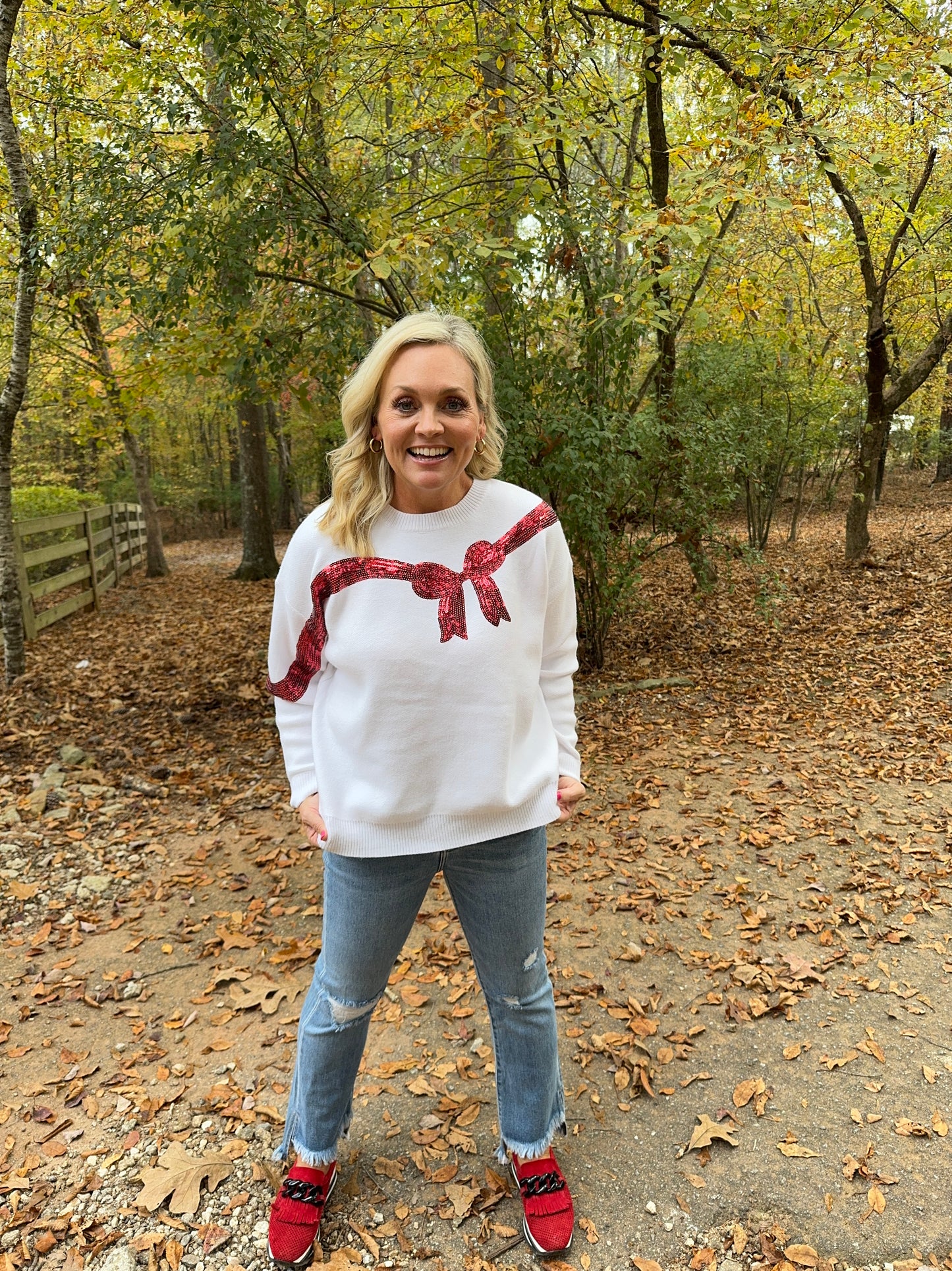 Marked down White sweater red sequin bow Christmas up to size 3X!