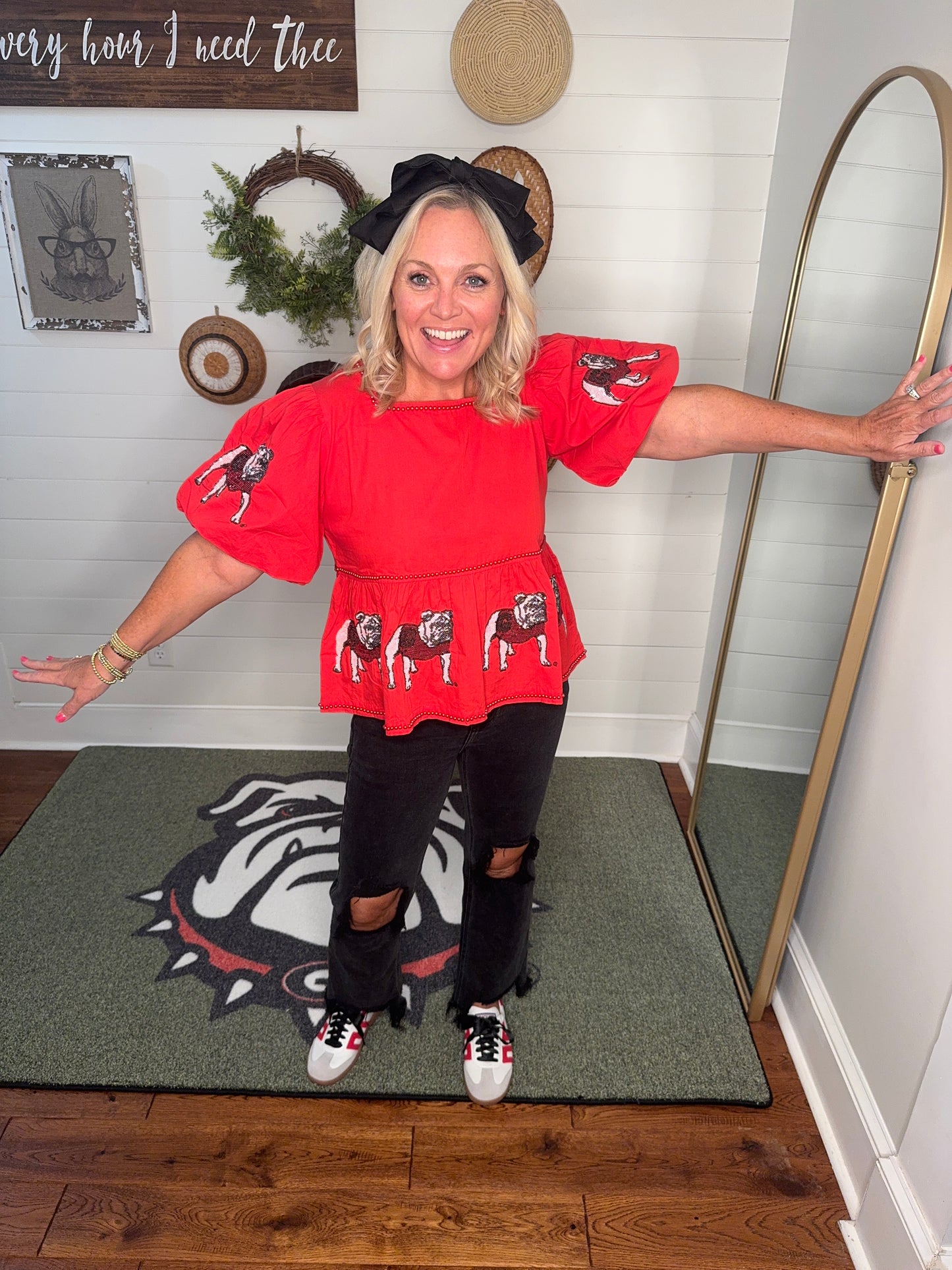 New Sequin bulldog peplum top red licensed lined with red pearl beads