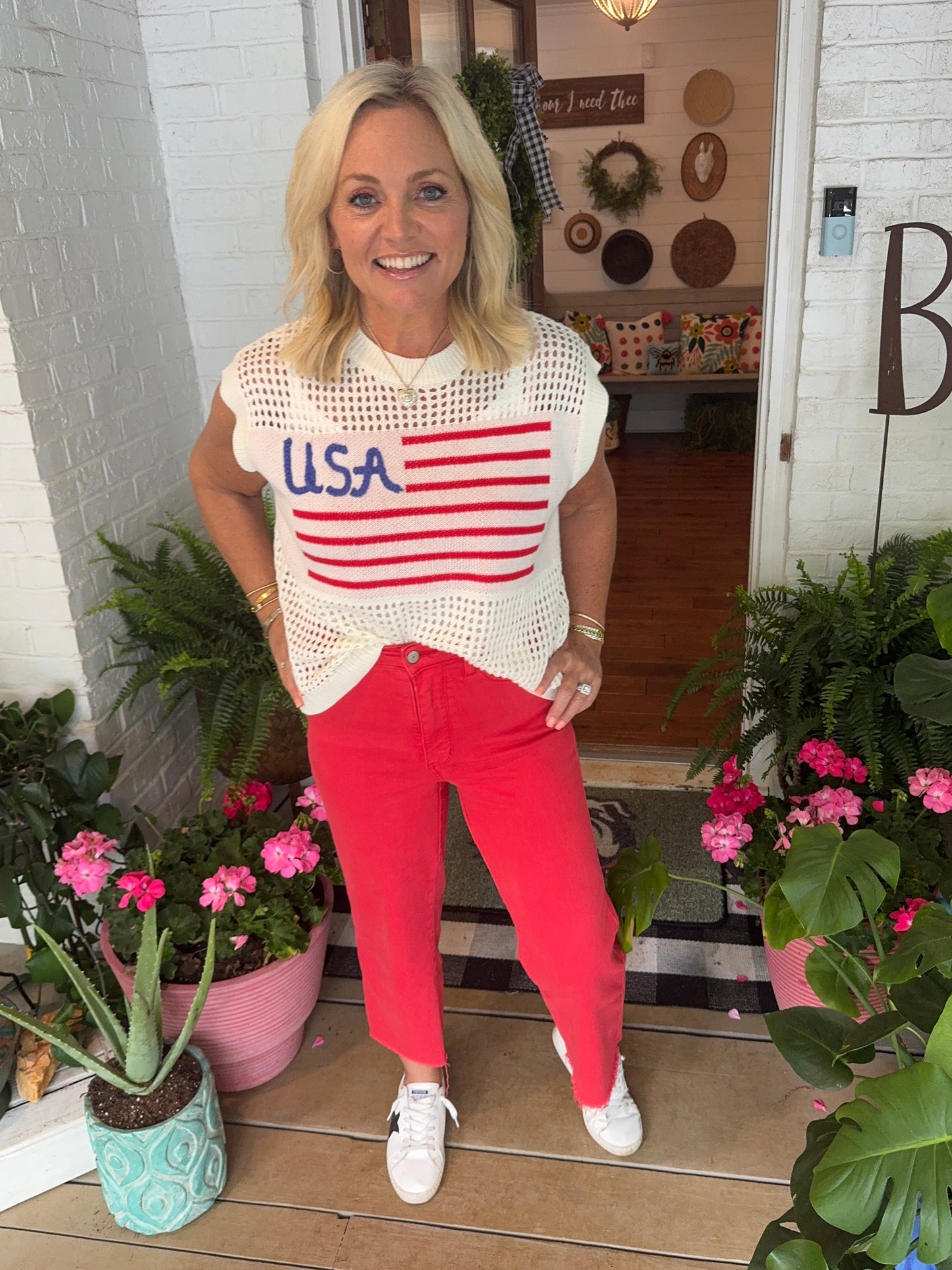 American flag light weight knit top sleeveless summer marked down