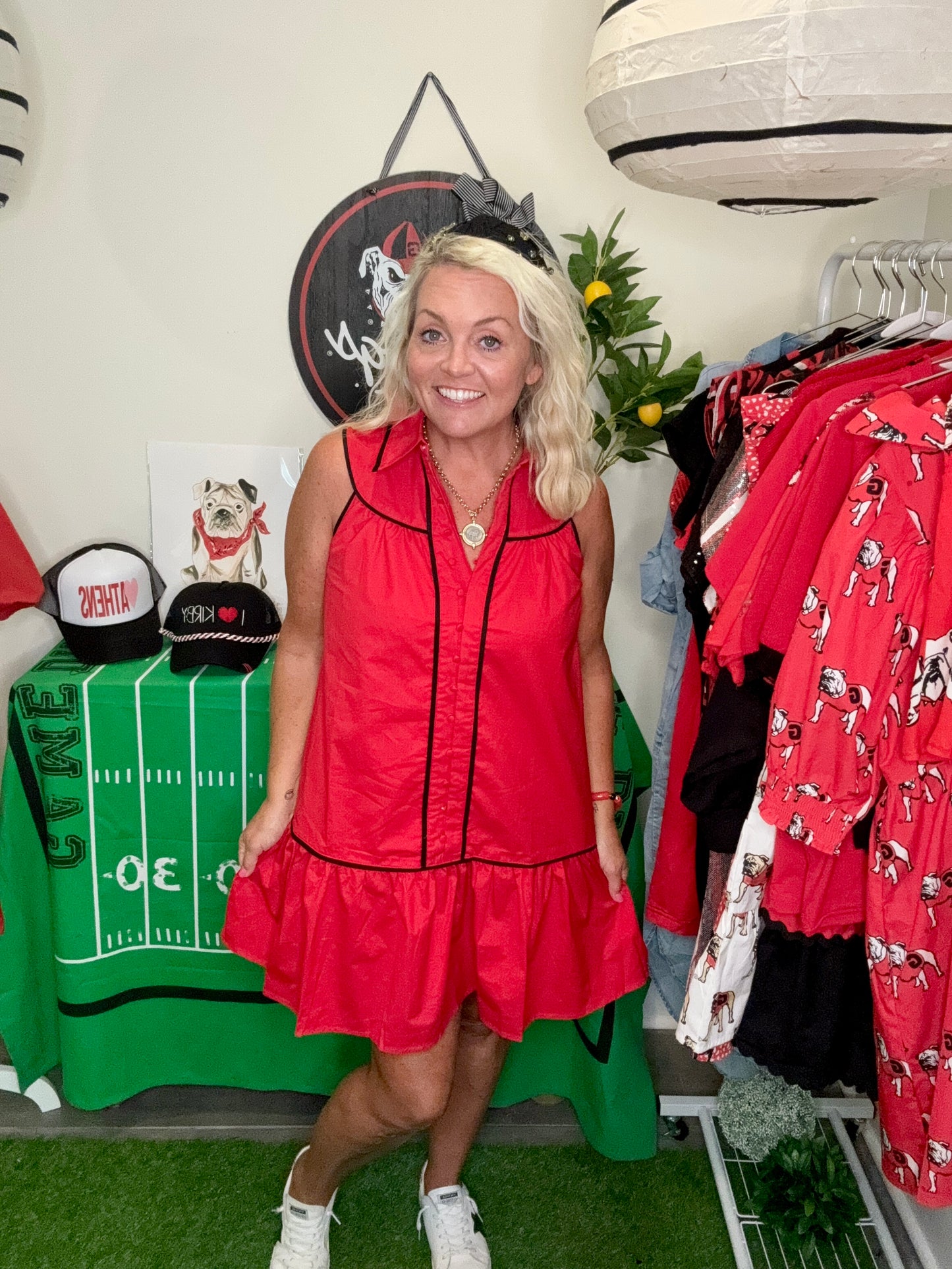 Collared shirt dress red with black trim
