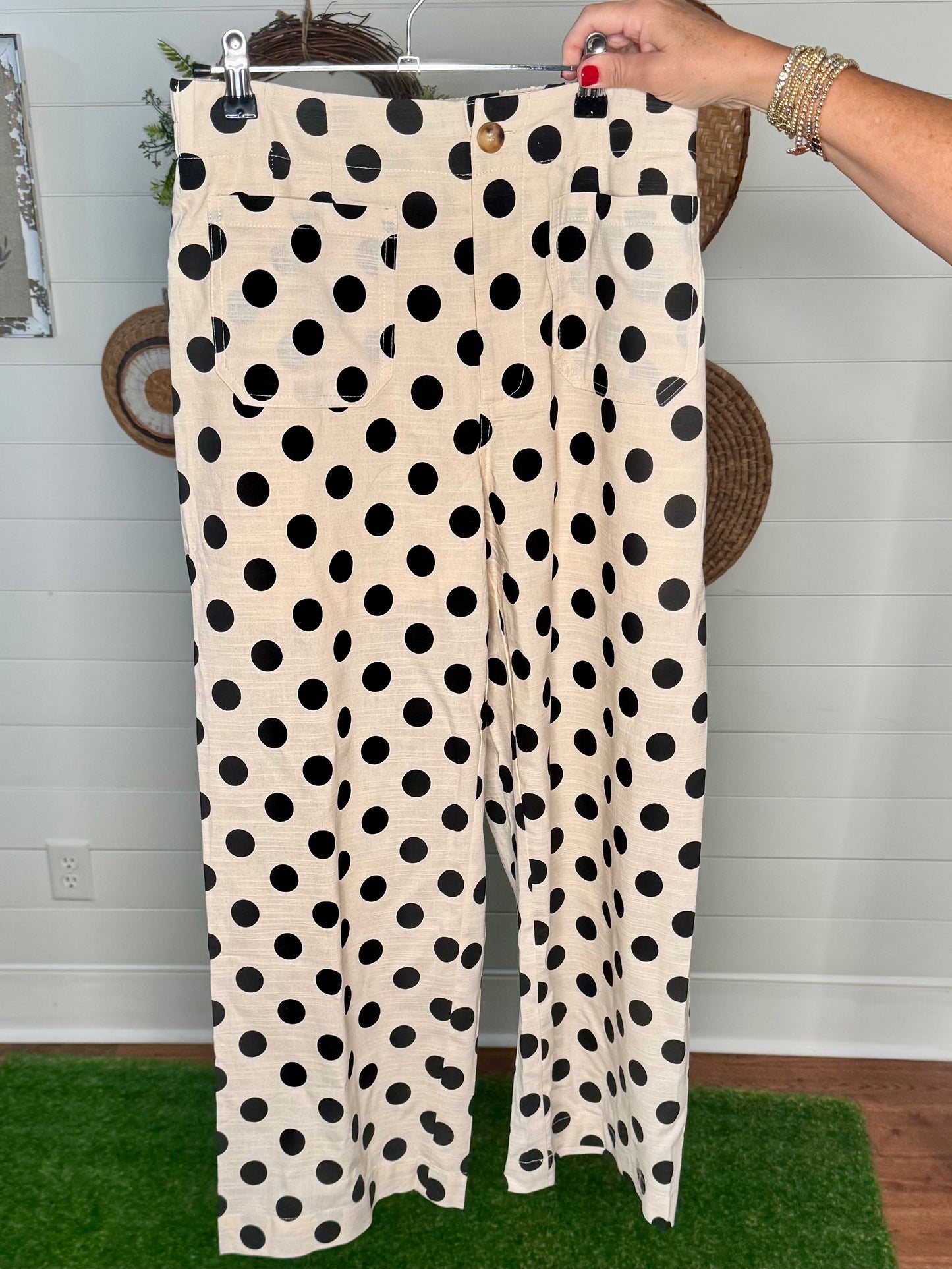 Off white and black polka dot wide leg pants