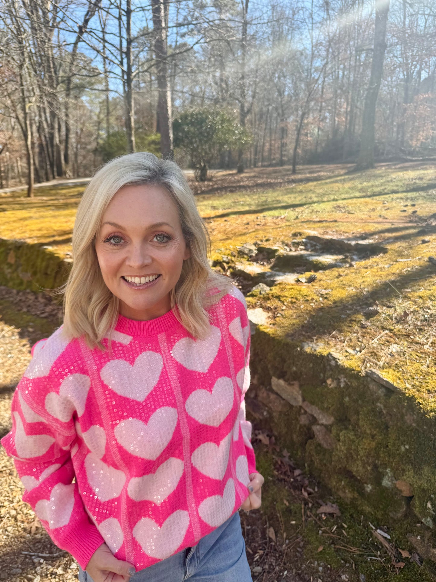 Pink sequin heart sweater warehouse clearance sale marked down