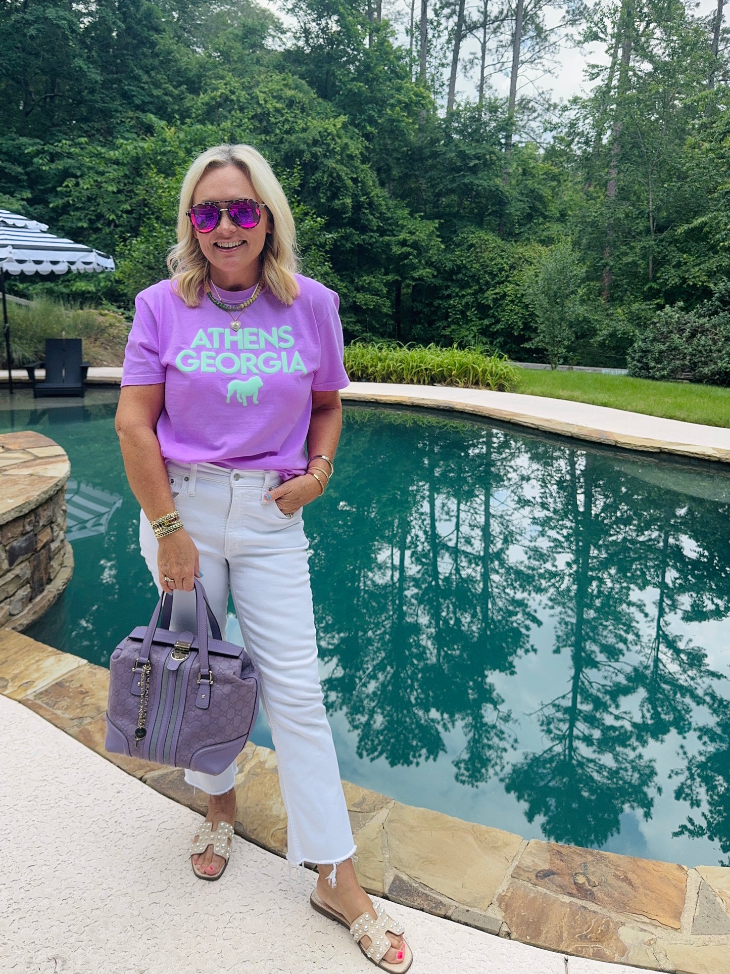 Bright lavender t shirt with turquoise Athens summer T-shirt