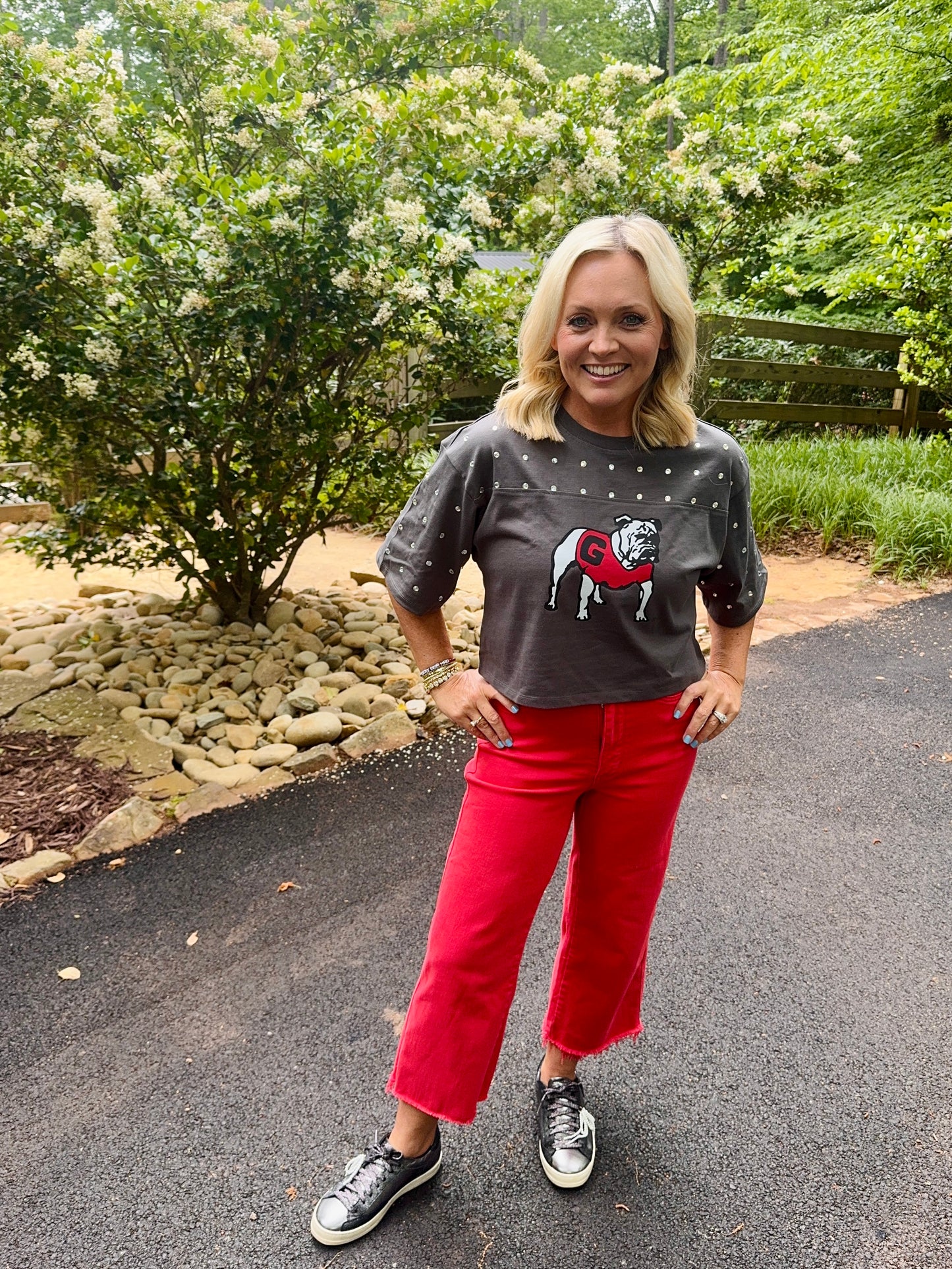 Cropped charcoal gray licensed bulldog top with rhinestones