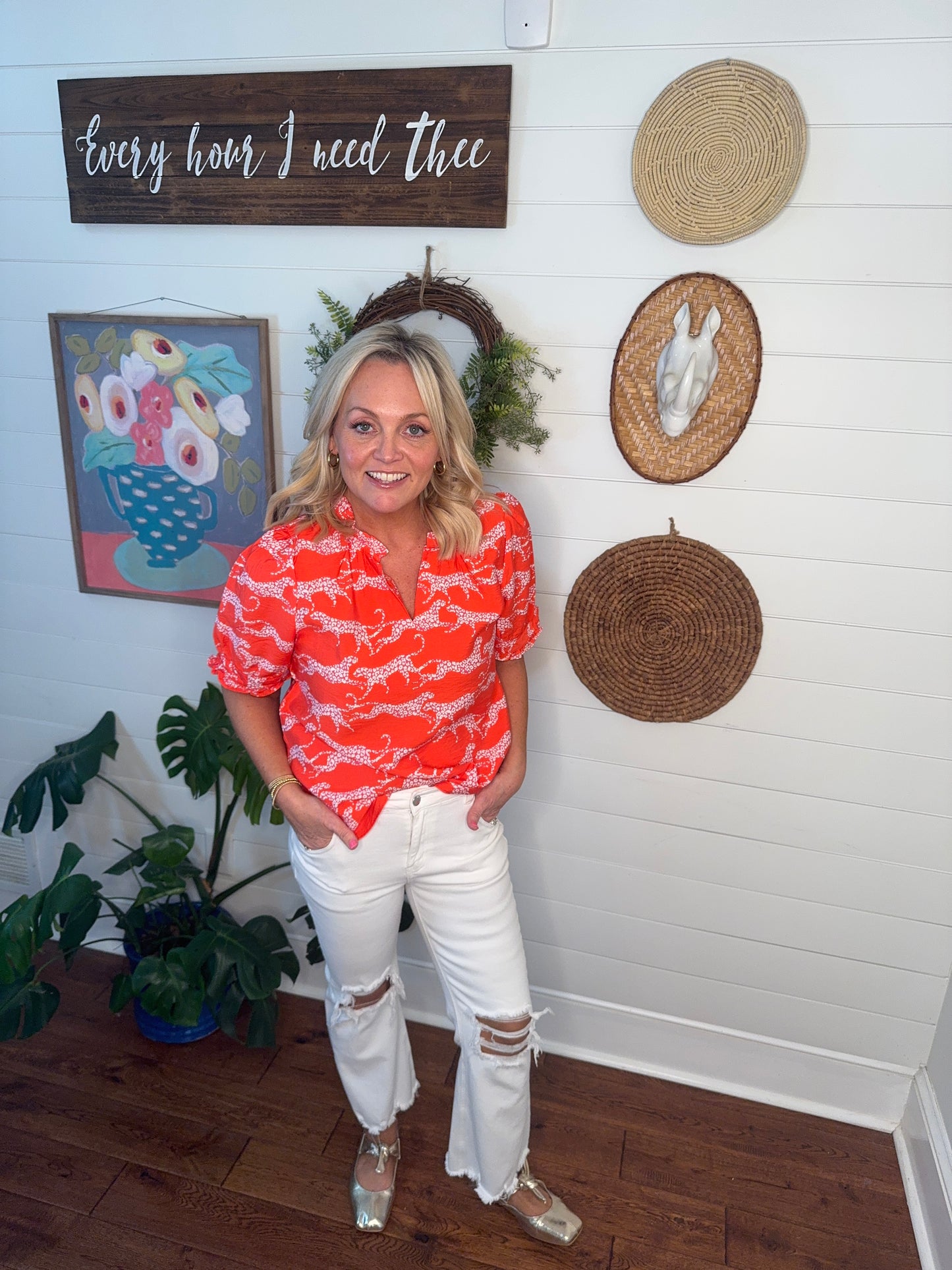 Spring summer panther leopard coral orange spot blouse virtual warehouse sale