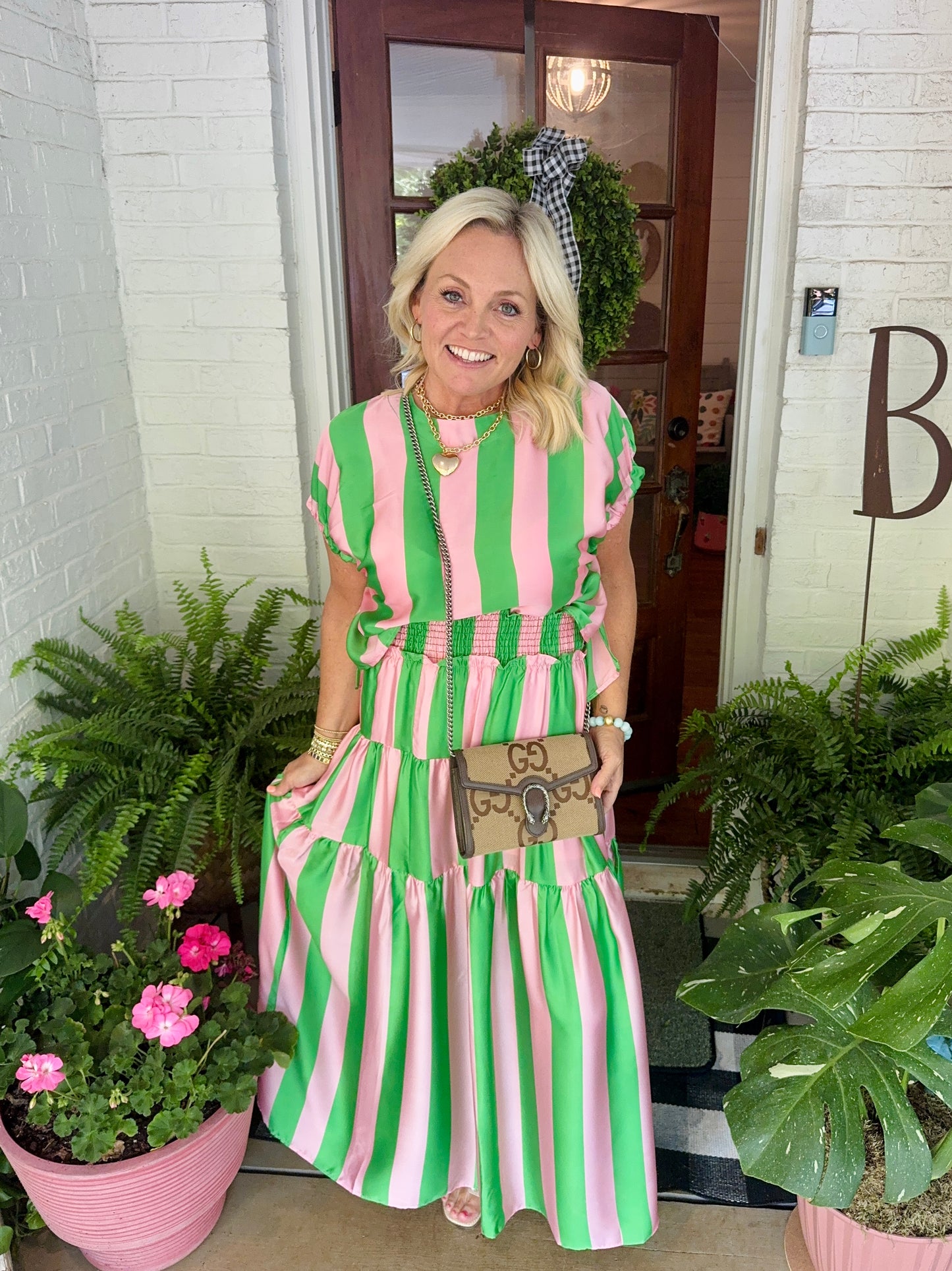 Summer green and pink striped summer skirt marked down