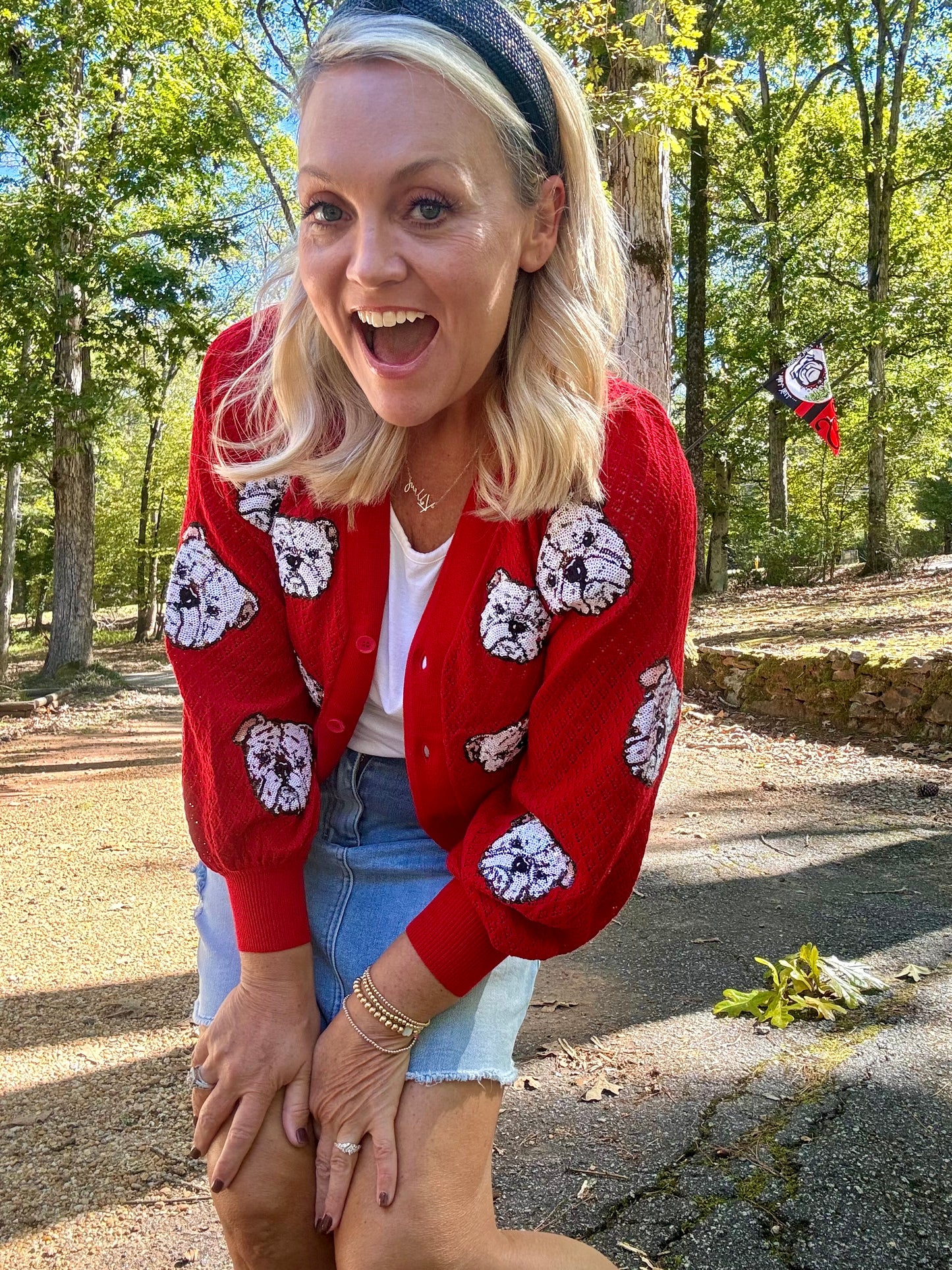 Sequin bulldog puff cardigan red UGA fall collection