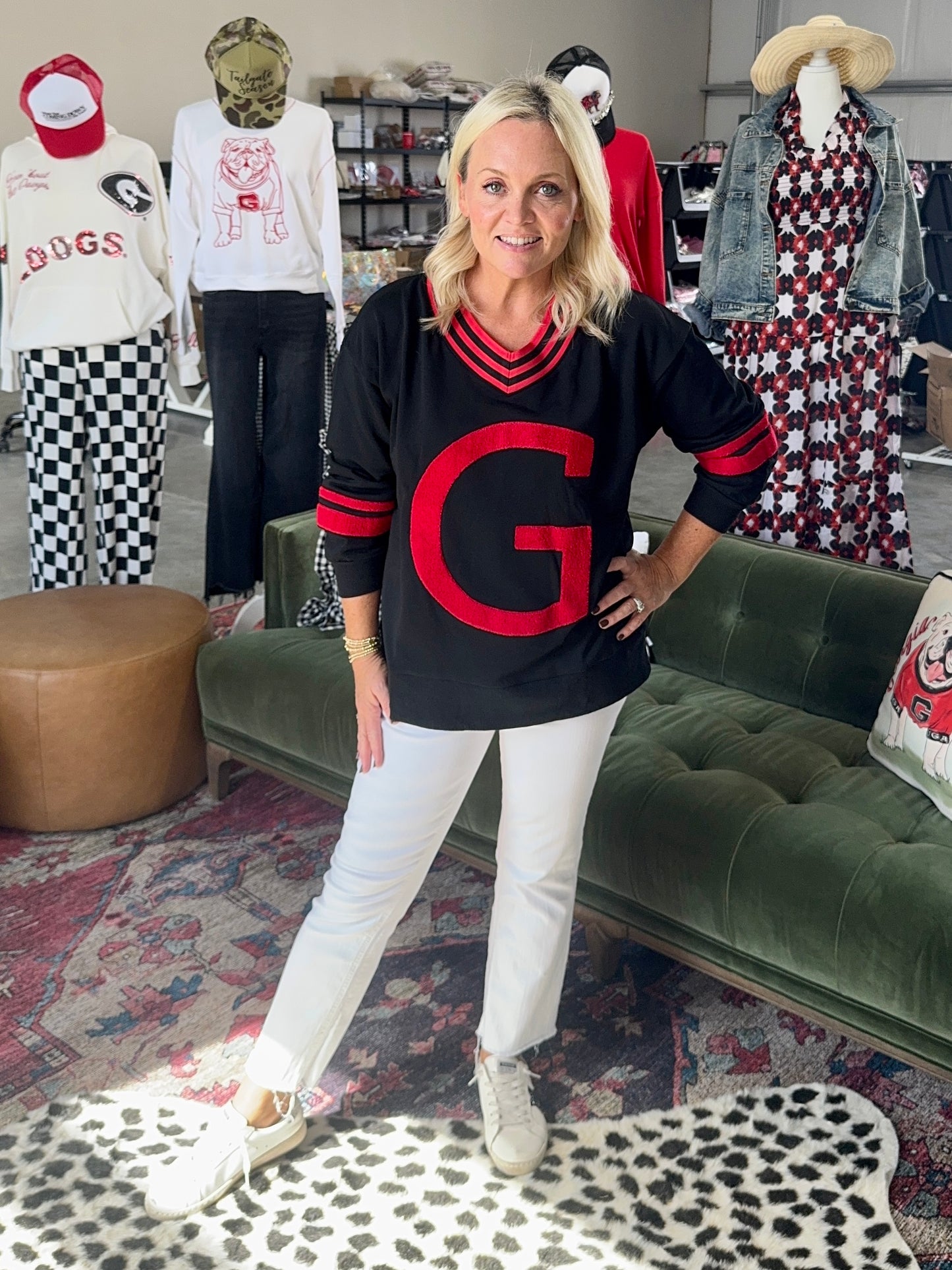 Black pullover with Giant red fuzzy G
