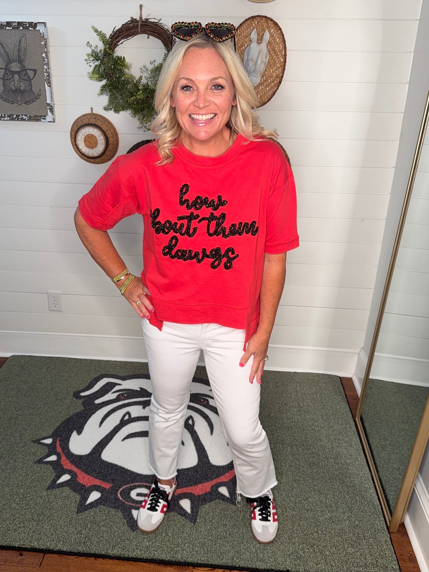 New Glitter script boxy red top “How bout them dawgs”