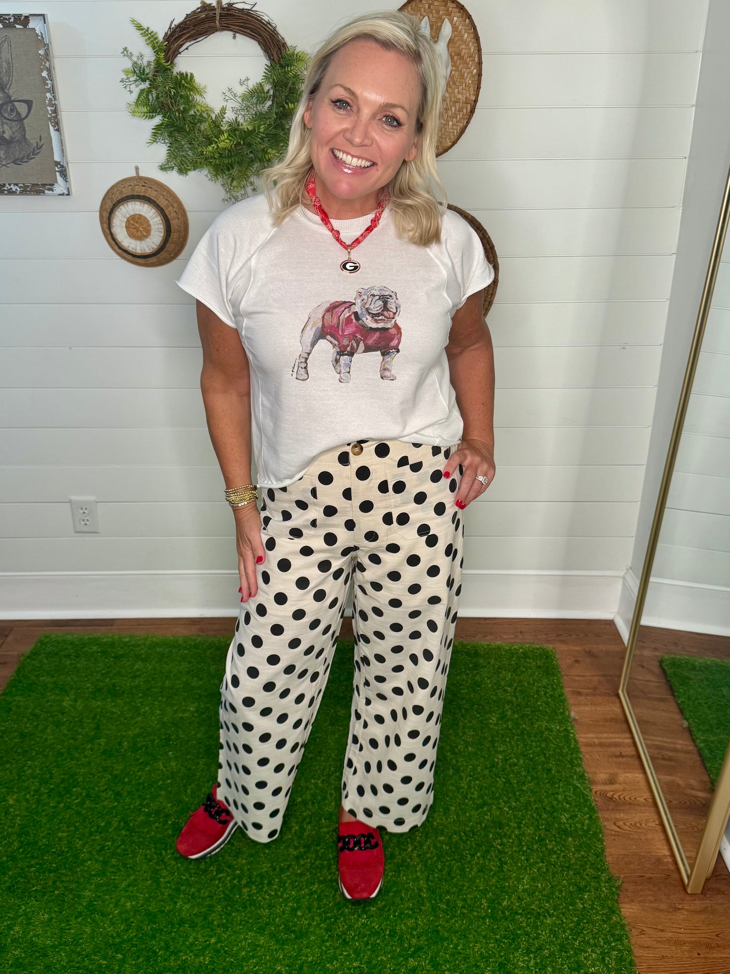 Off white and black polka dot wide leg pants