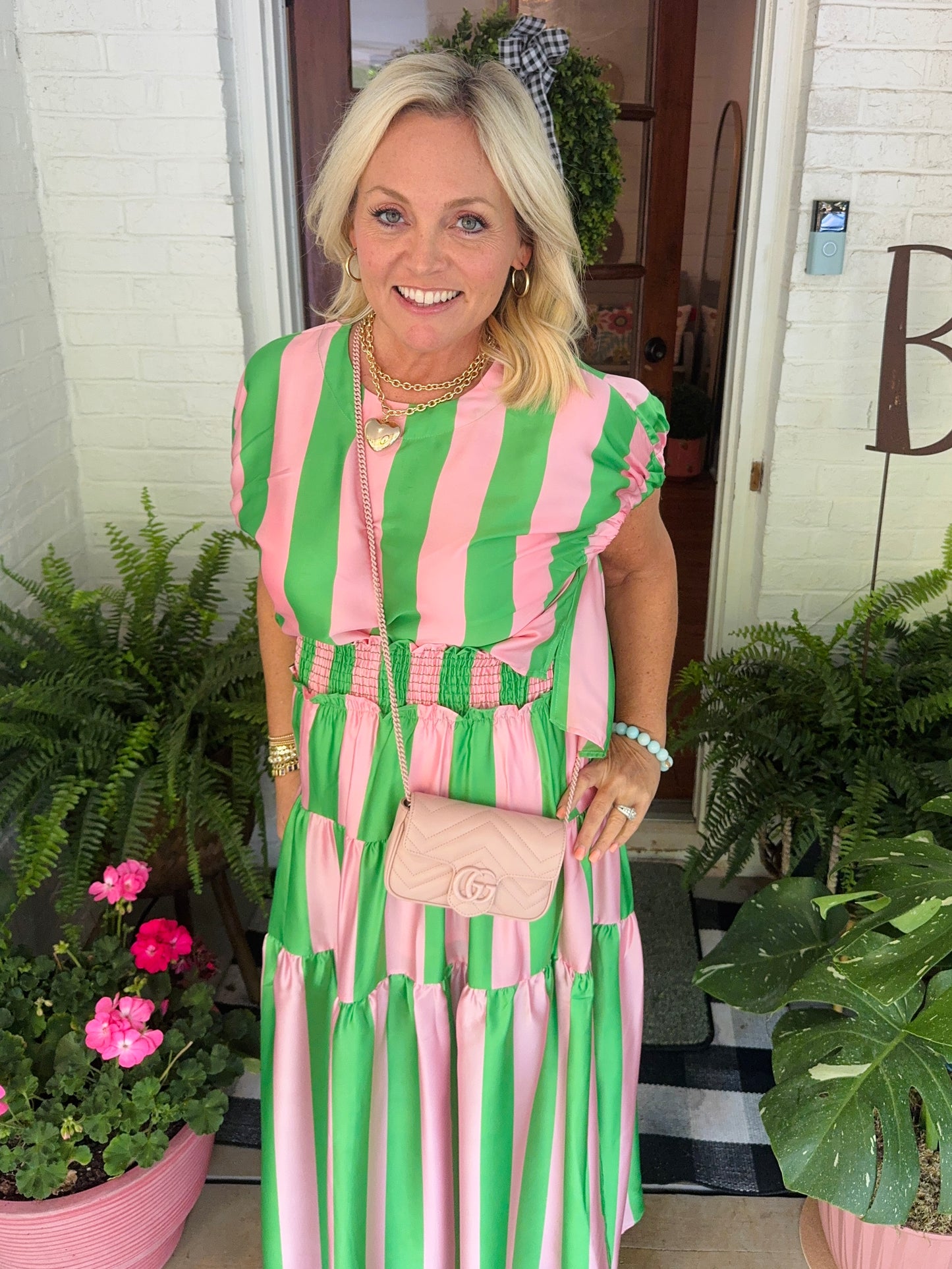 Summer green and pink striped top marked down