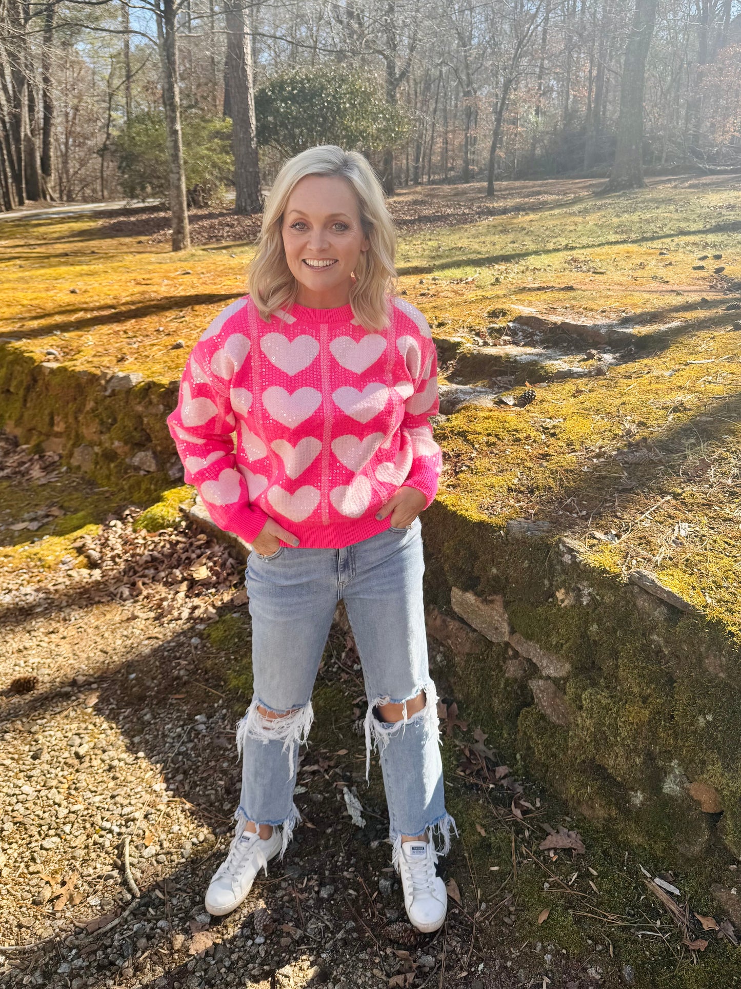 Pink sequin heart sweater warehouse clearance sale marked down