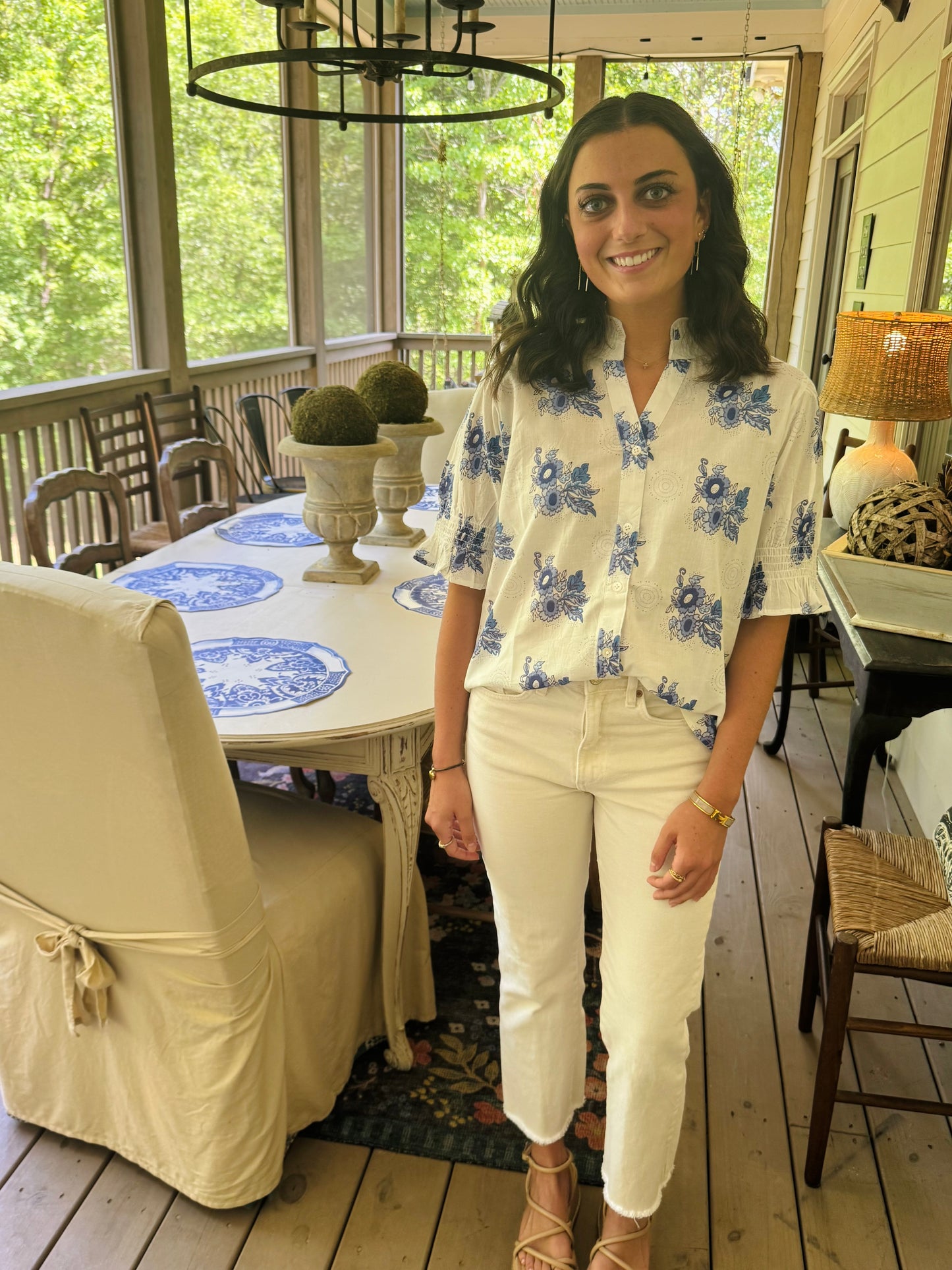 Blue and white floral summer blouse marked down