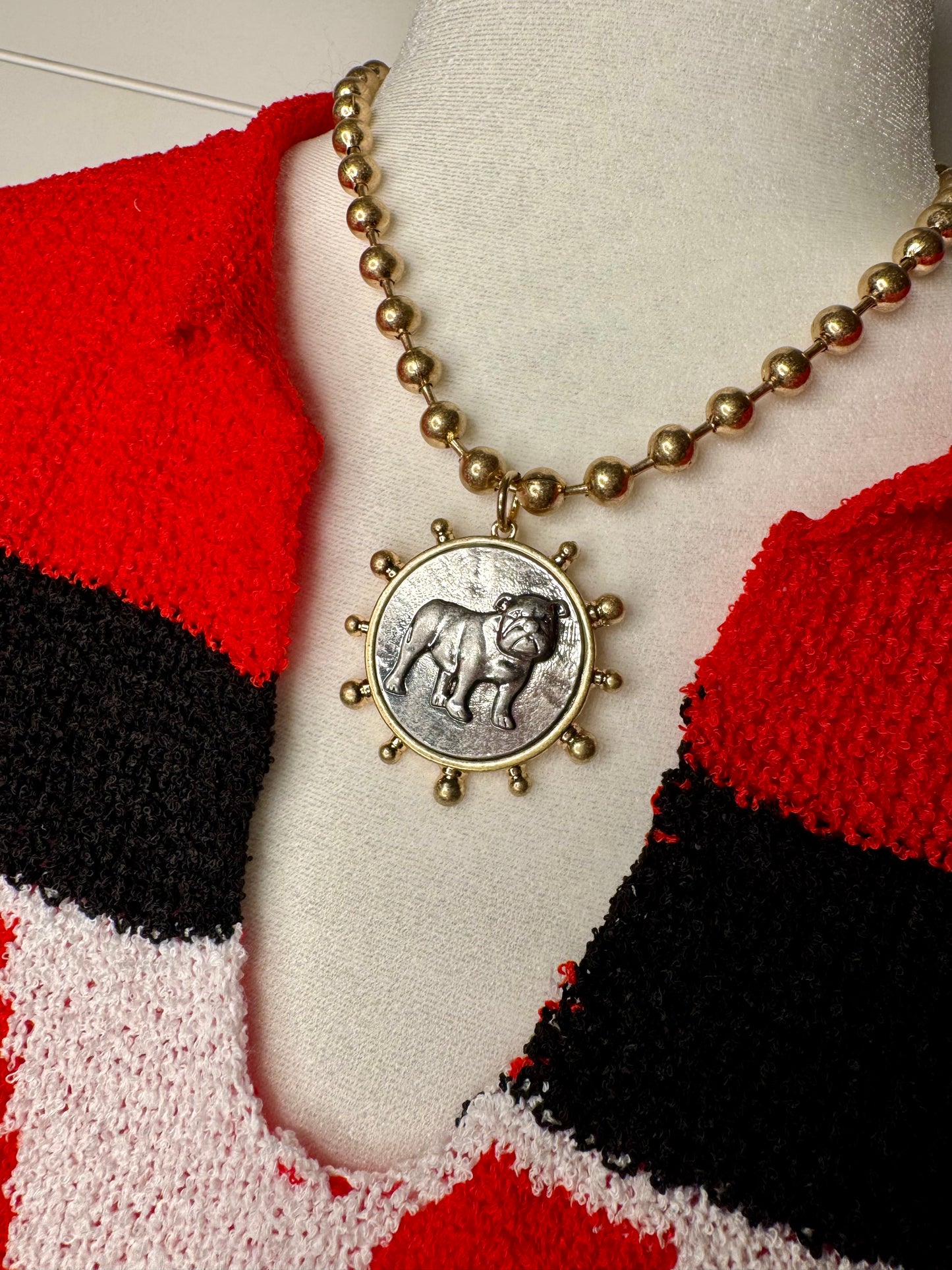 Silver or gold bulldog medallion beaded necklace
