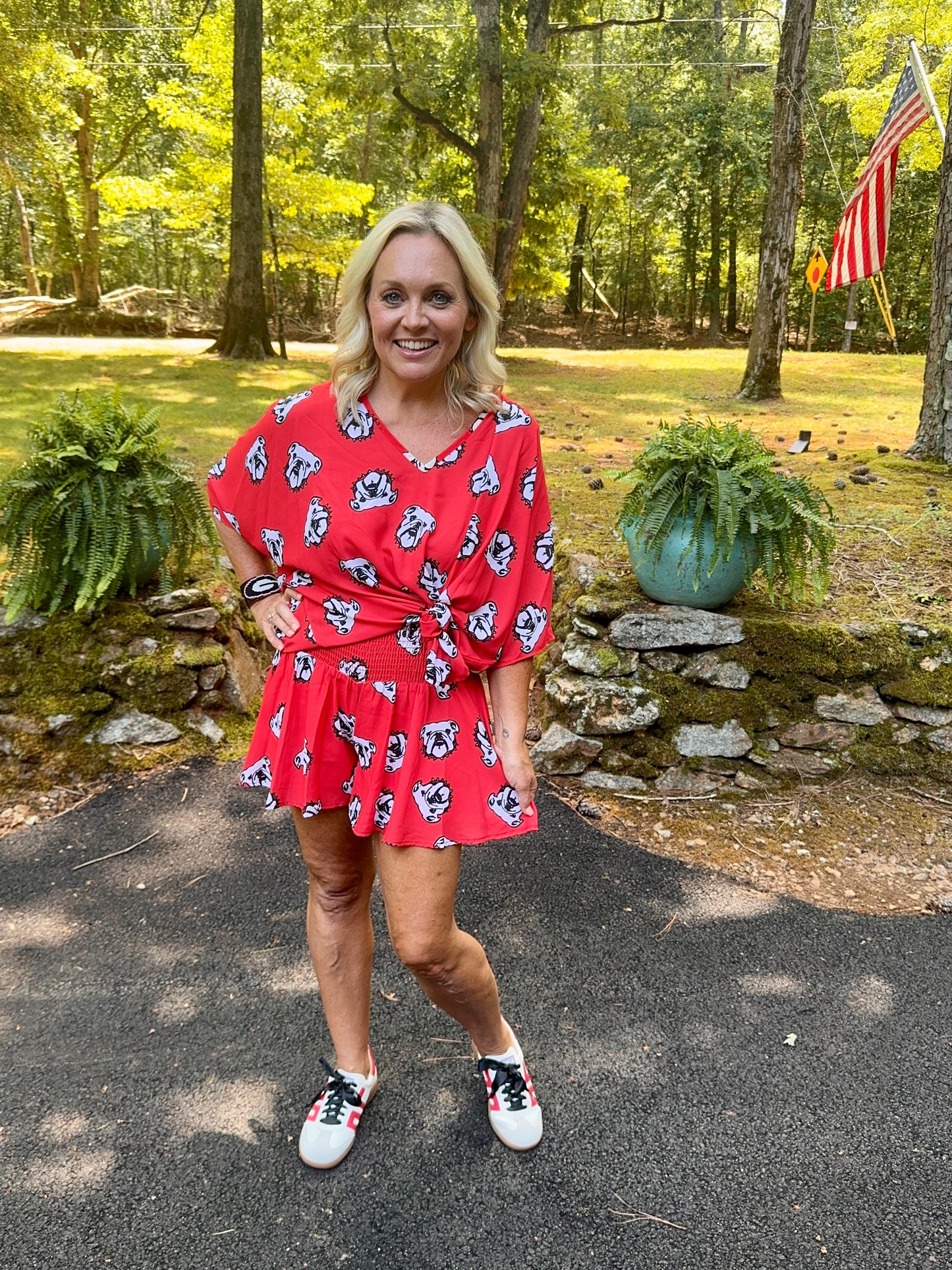 Red flowy shorts dog red black