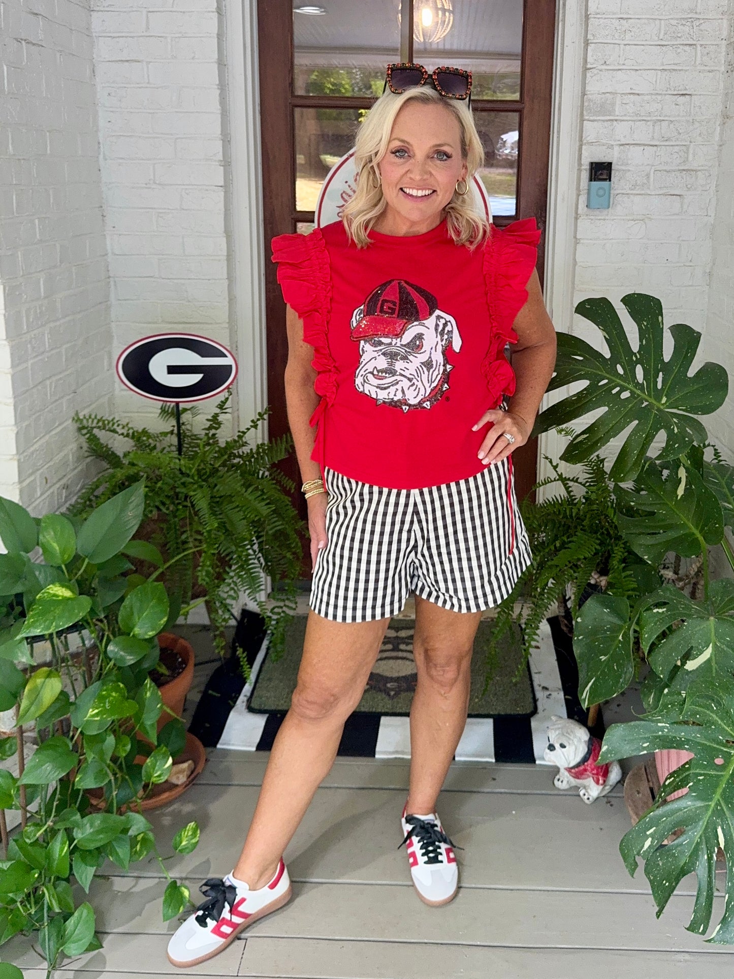 Ruffle Red top licensed with bulldog
