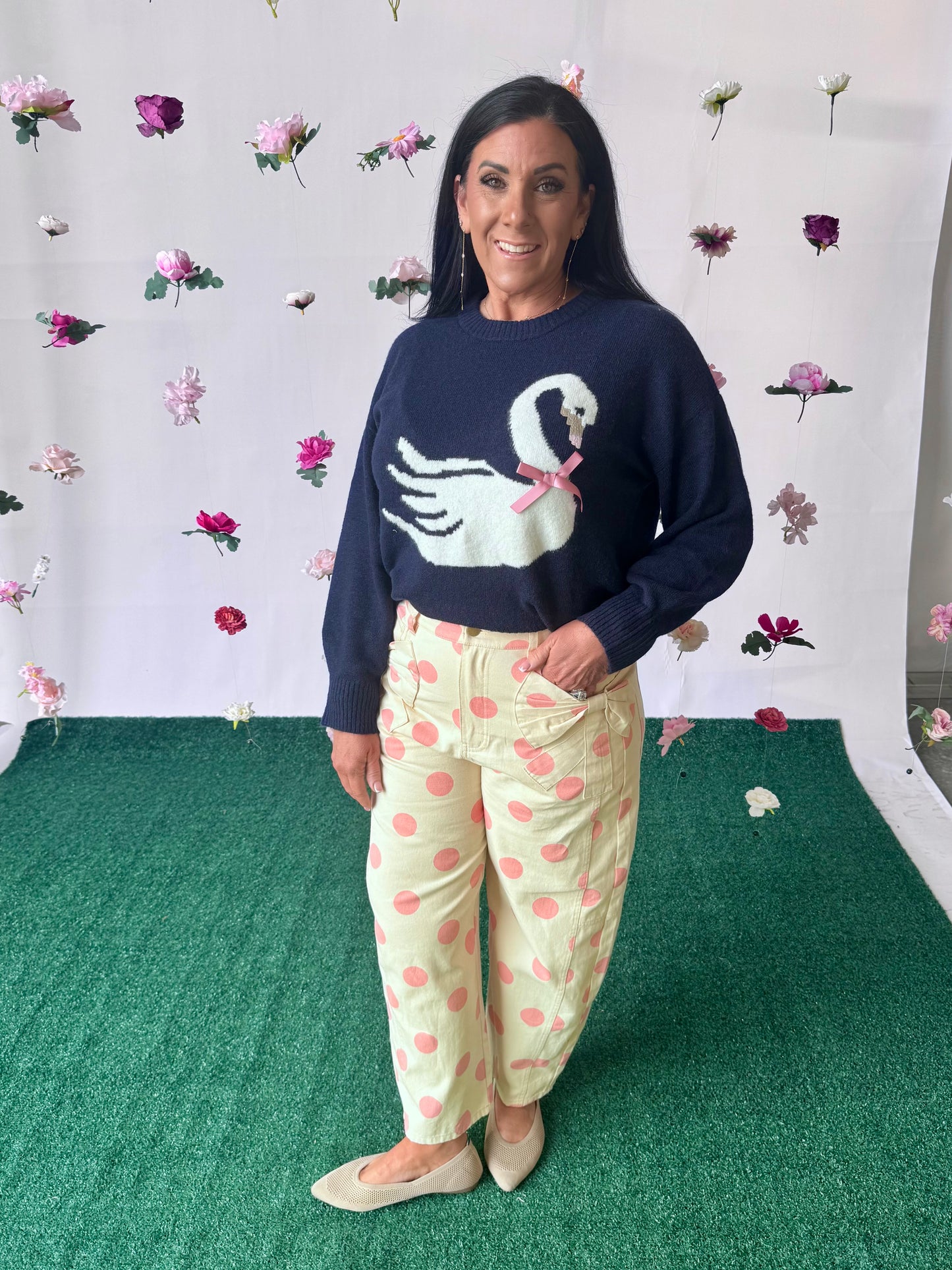 Cream barrel pants with pink polka dot up to 3X!
