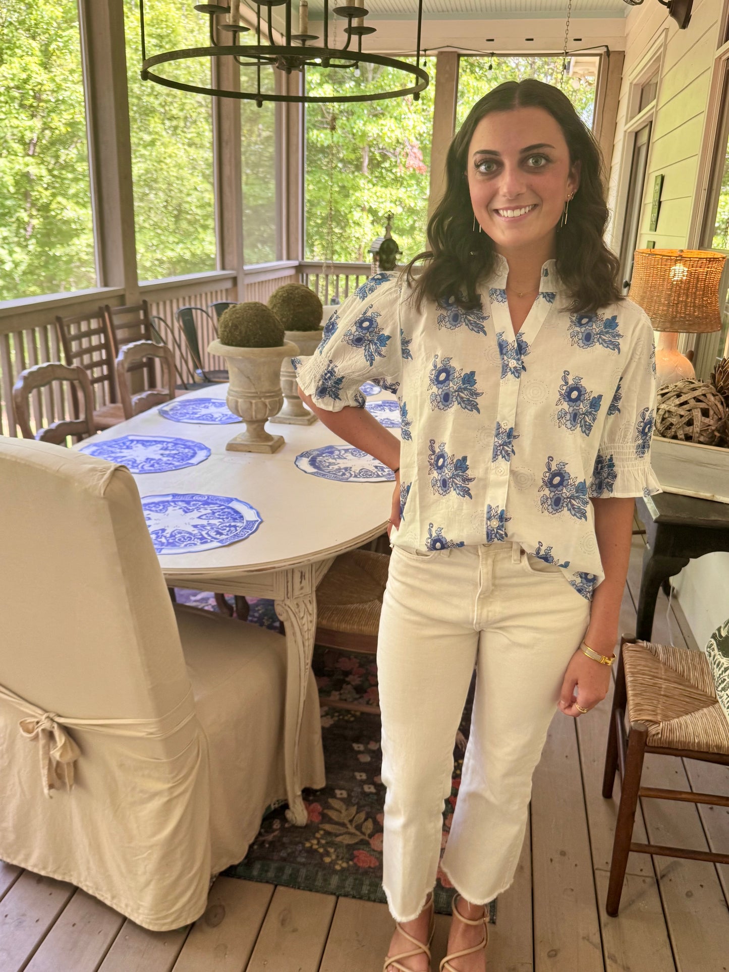Blue and white floral summer blouse marked down