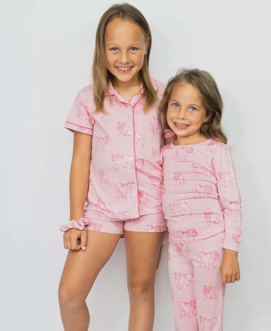 Pink bulldog little girls sleep set shorts, top and scrunchie