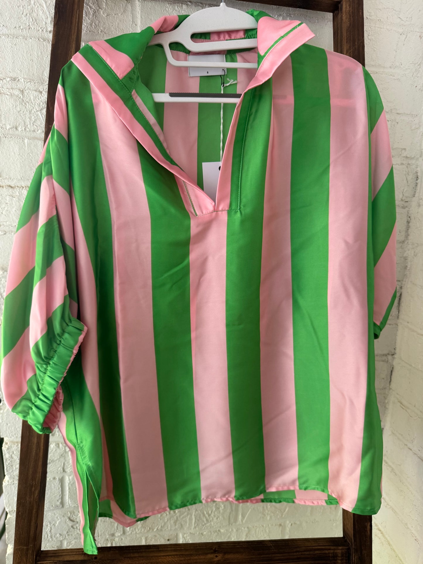 Summer top green and pink striped with collar marked down