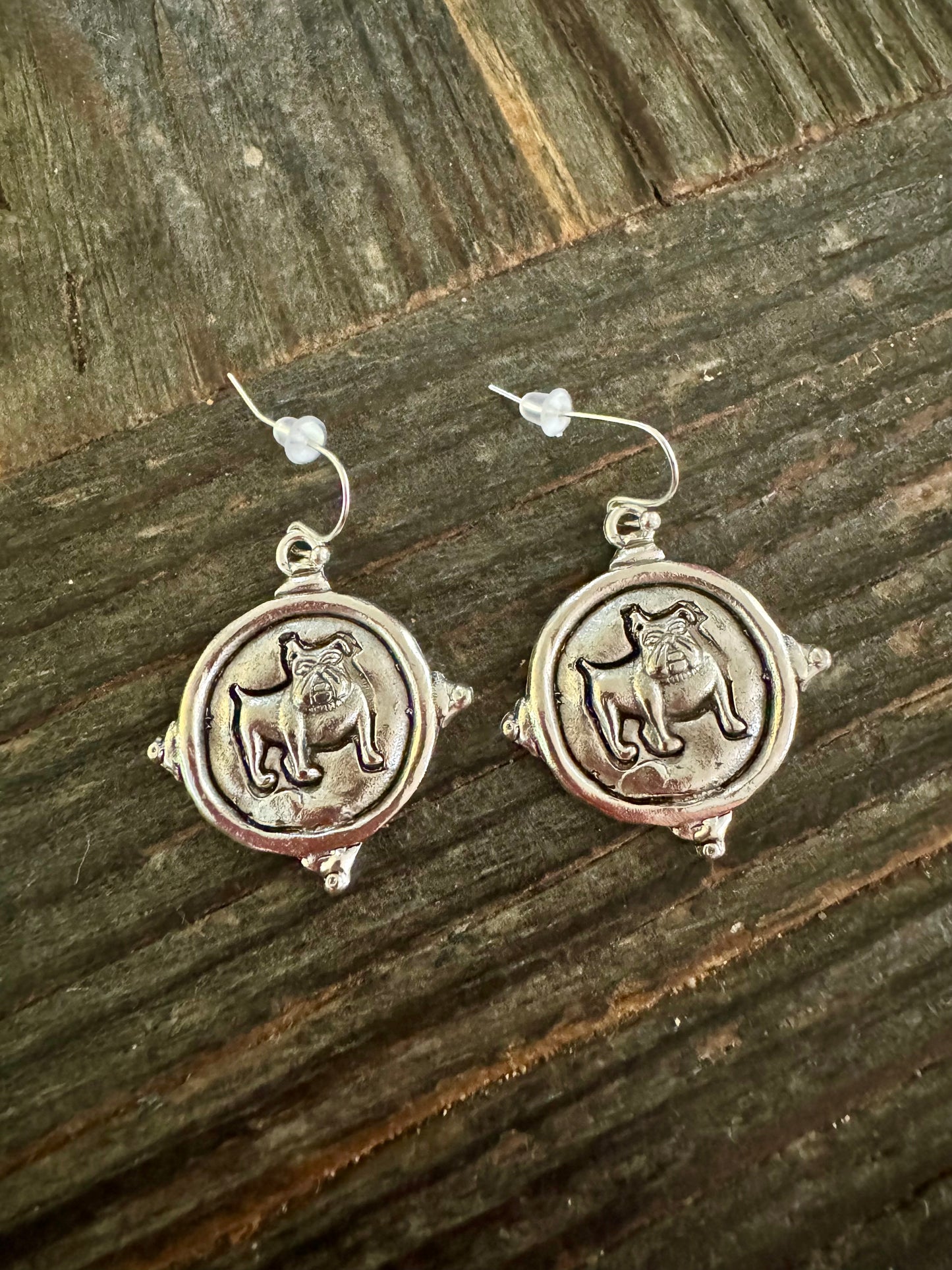Silver dog earrings dangle medallion
