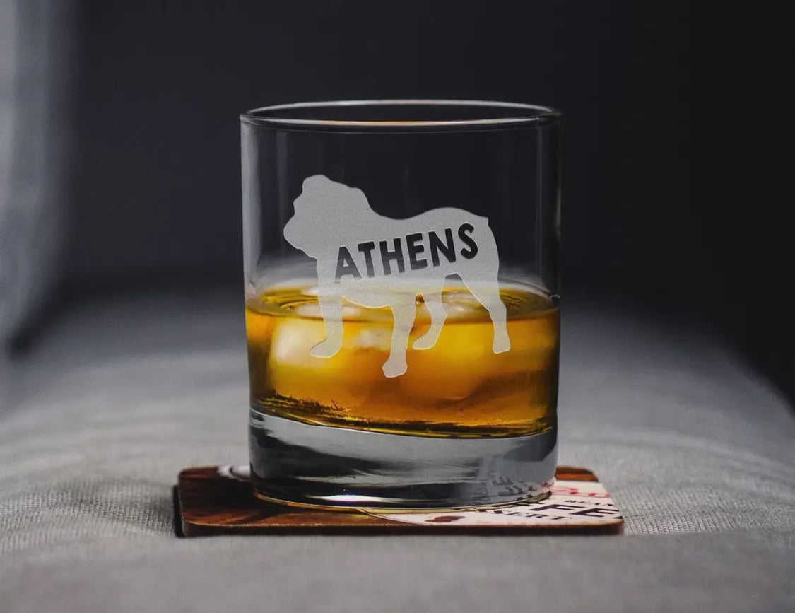 Athens bulldog whisky glass etched