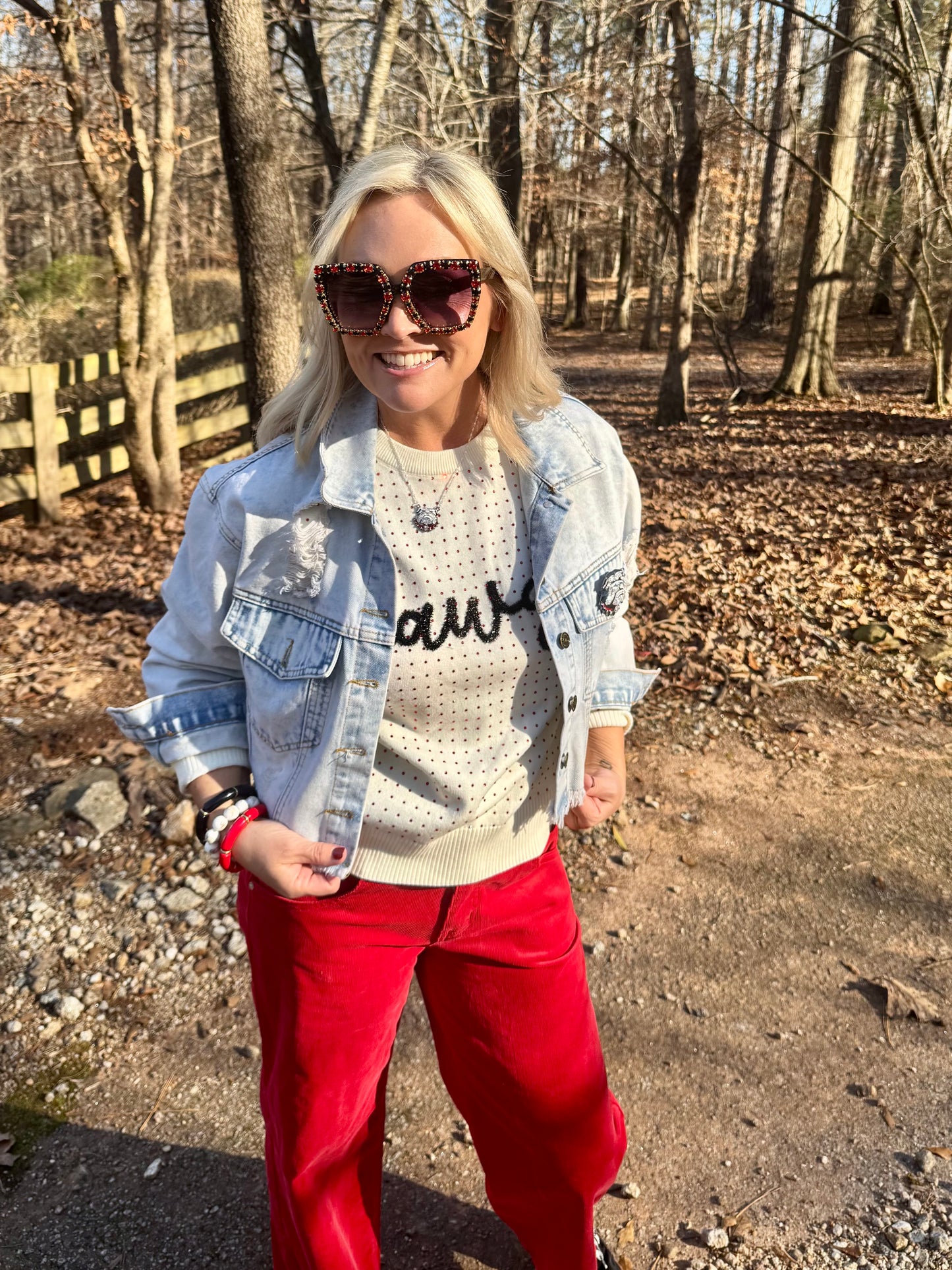 The Dawgs rhinestone and glitter script sweater licensed marked down