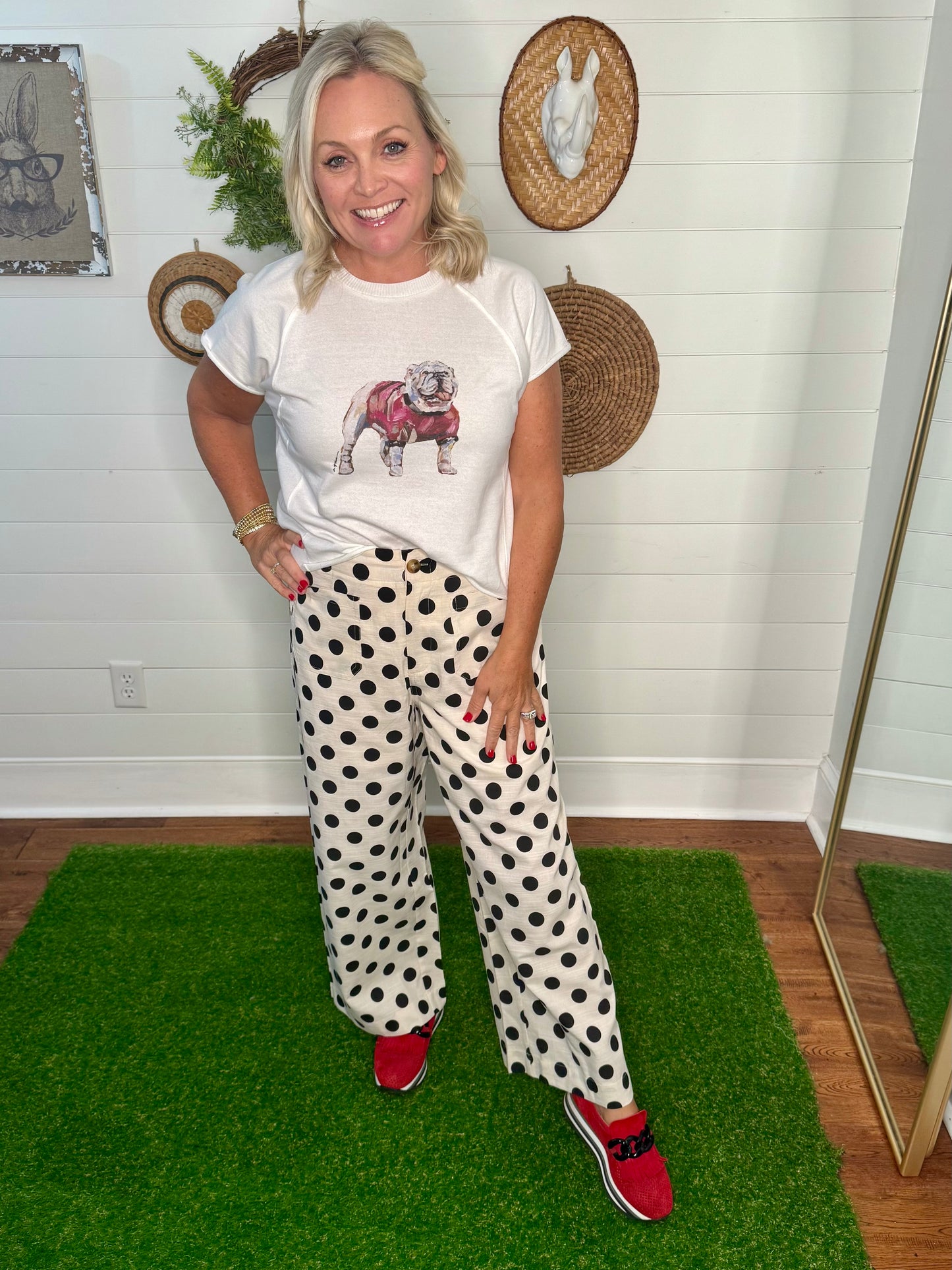 Off white and black polka dot wide leg pants