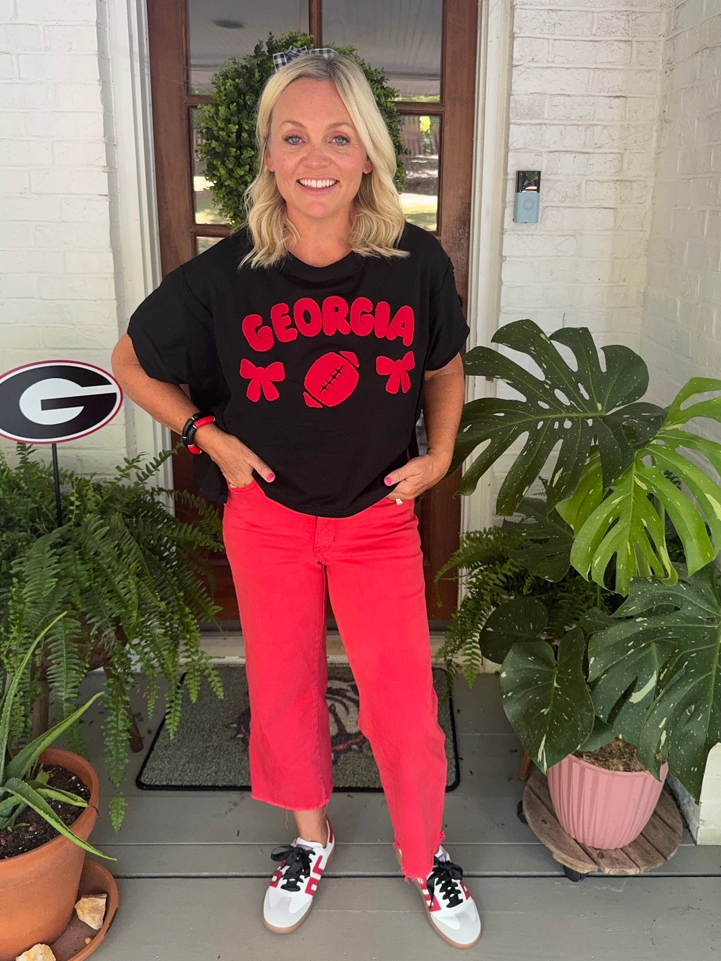 Oversized top slightly cropped black with red patches