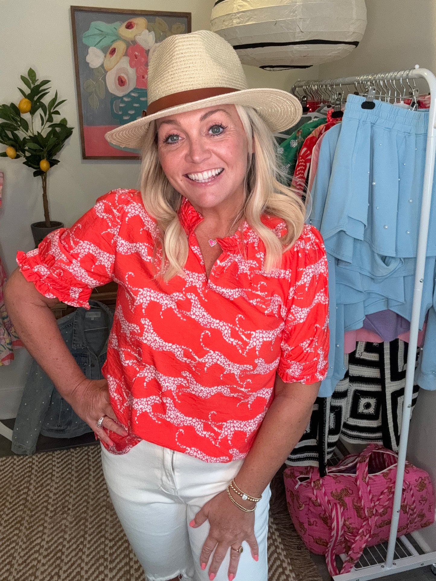 Spring summer panther leopard coral orange spot blouse virtual warehouse sale